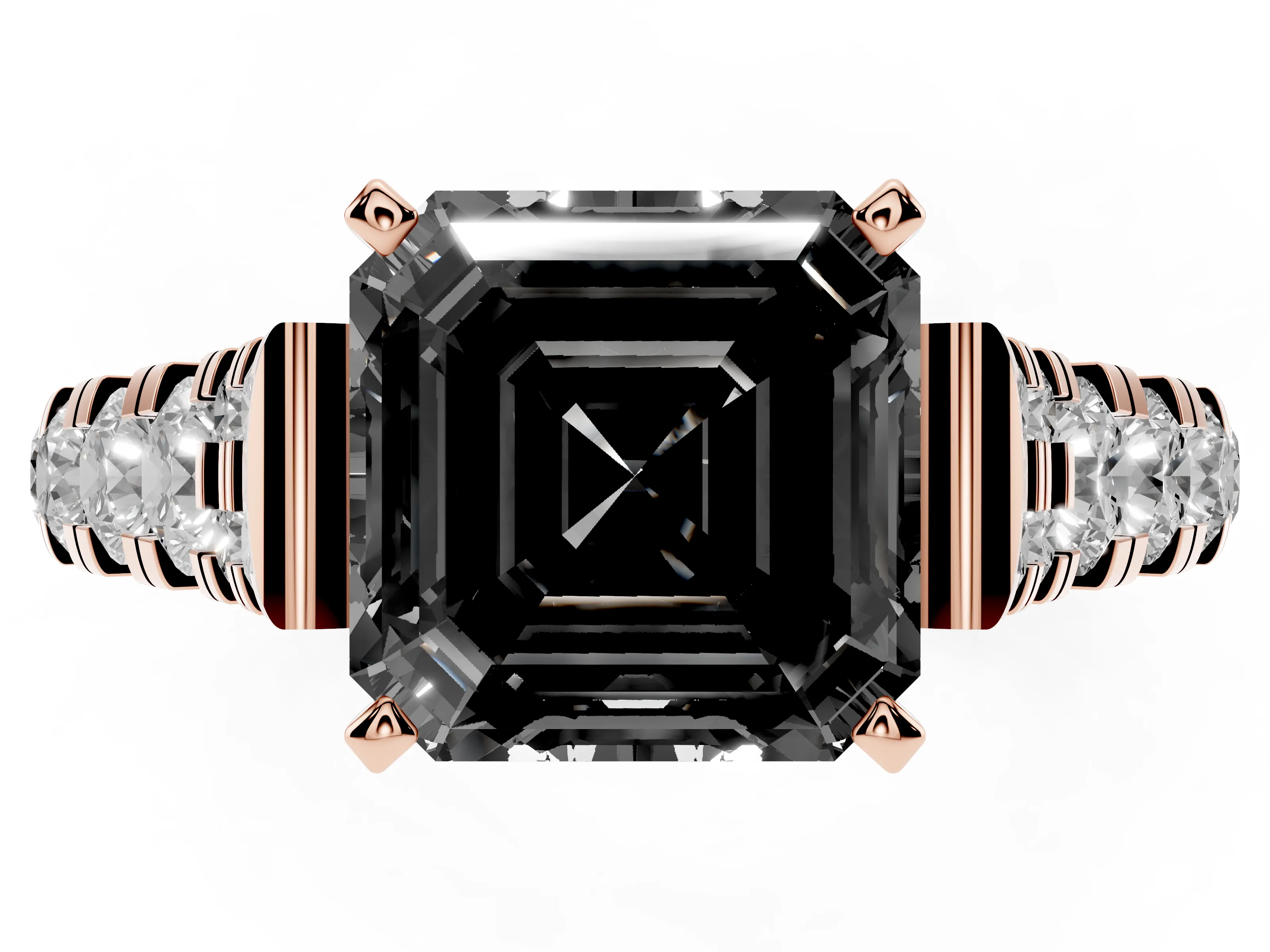 Fancy Black Asscher Cut Diamond Classic Solitaire Ring Set in Rose gold with Pavé Band and Prong Setting