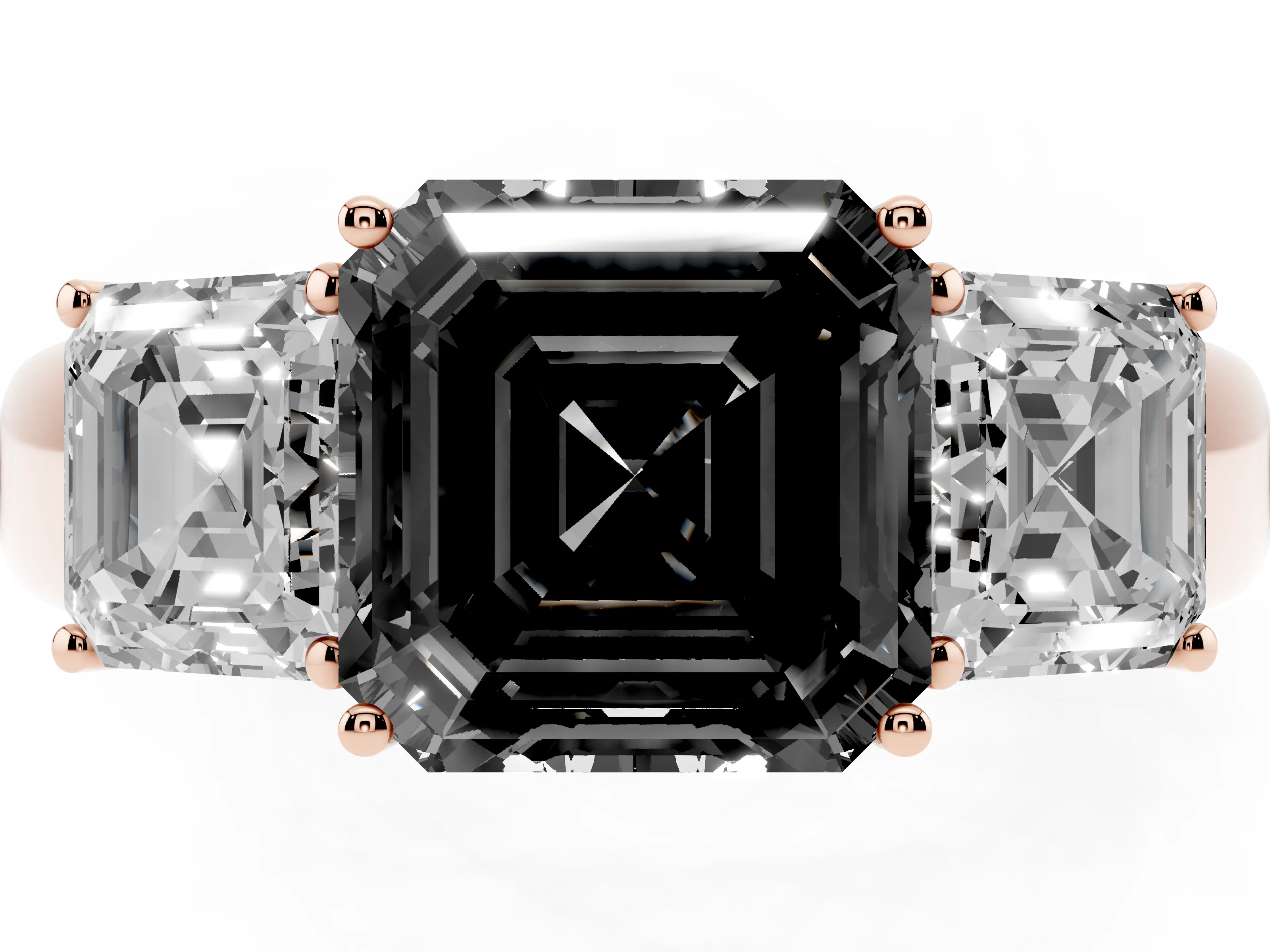 Fancy Black Three-Stone Asscher Cut Diamond Ring Set in Rose gold with Matching Prong Settings and Plain Band