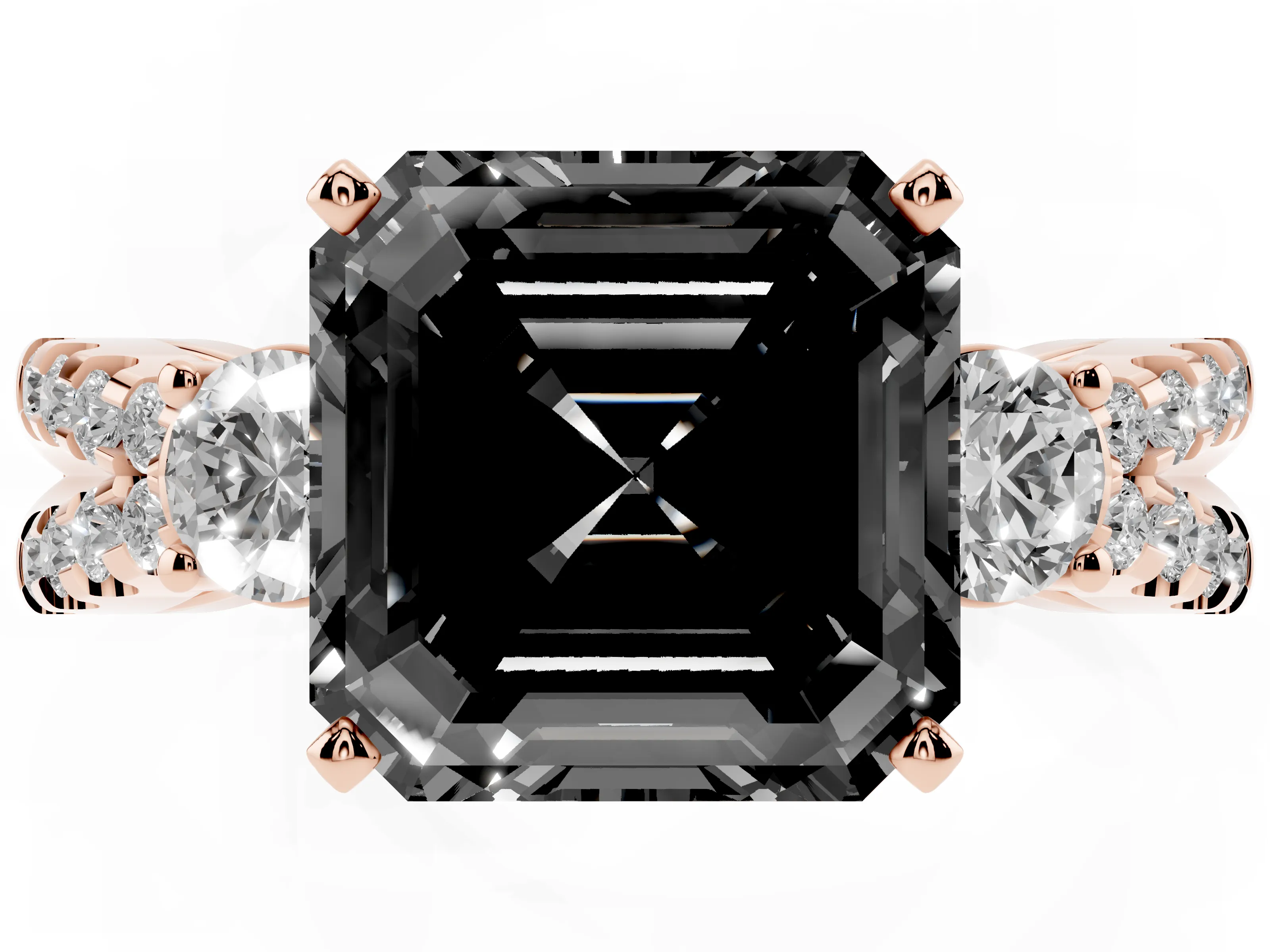 Fancy Black Asscher Cut Diamond Three-Stone Ring Set in Rose gold with Pavé Split Shank and Prong Setting