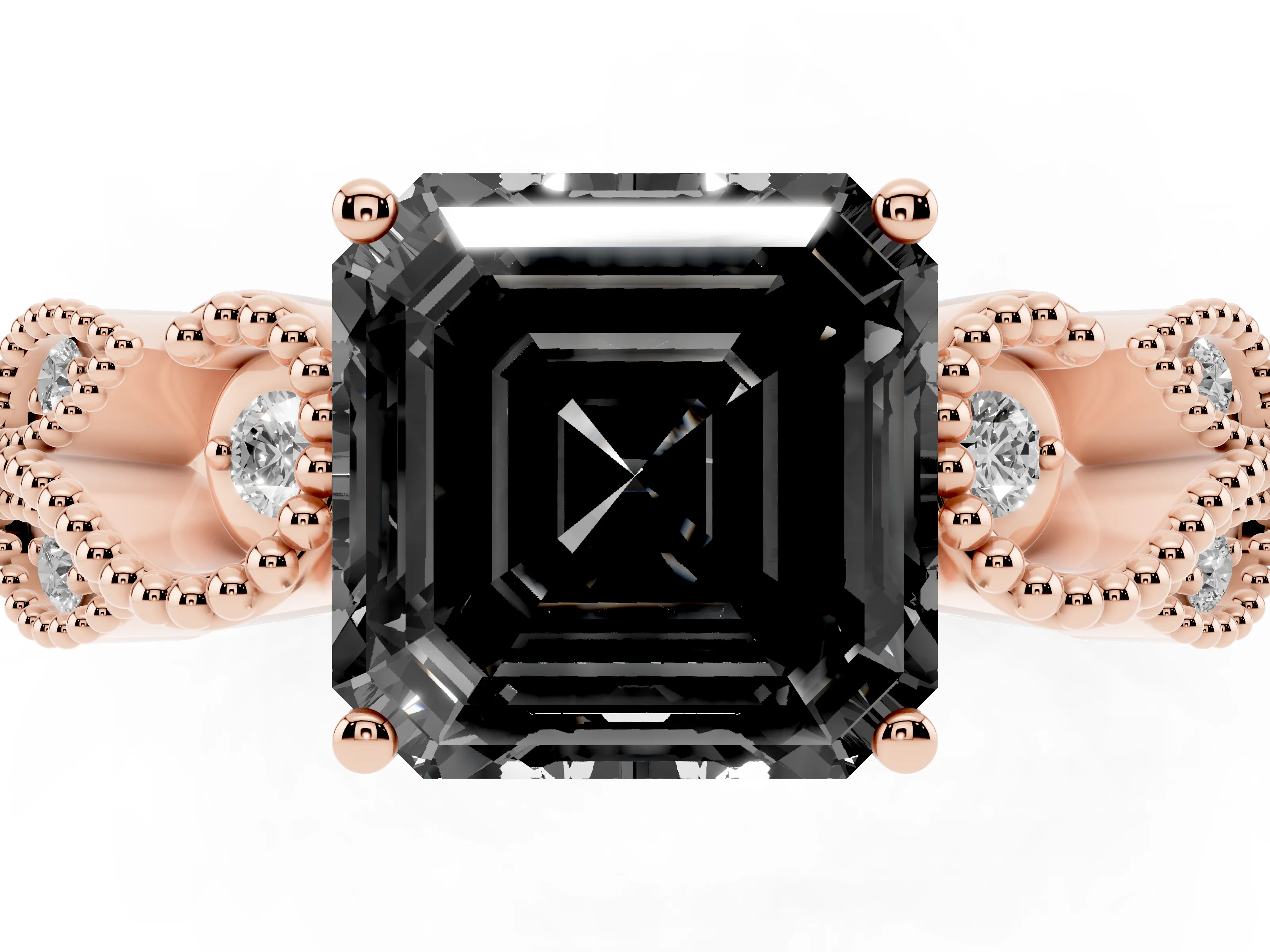 Fancy Black Asscher Cut Diamond Milgrain Leaf Band Solitaire Ring Set in Rose gold with Accent Stones and Prong Setting