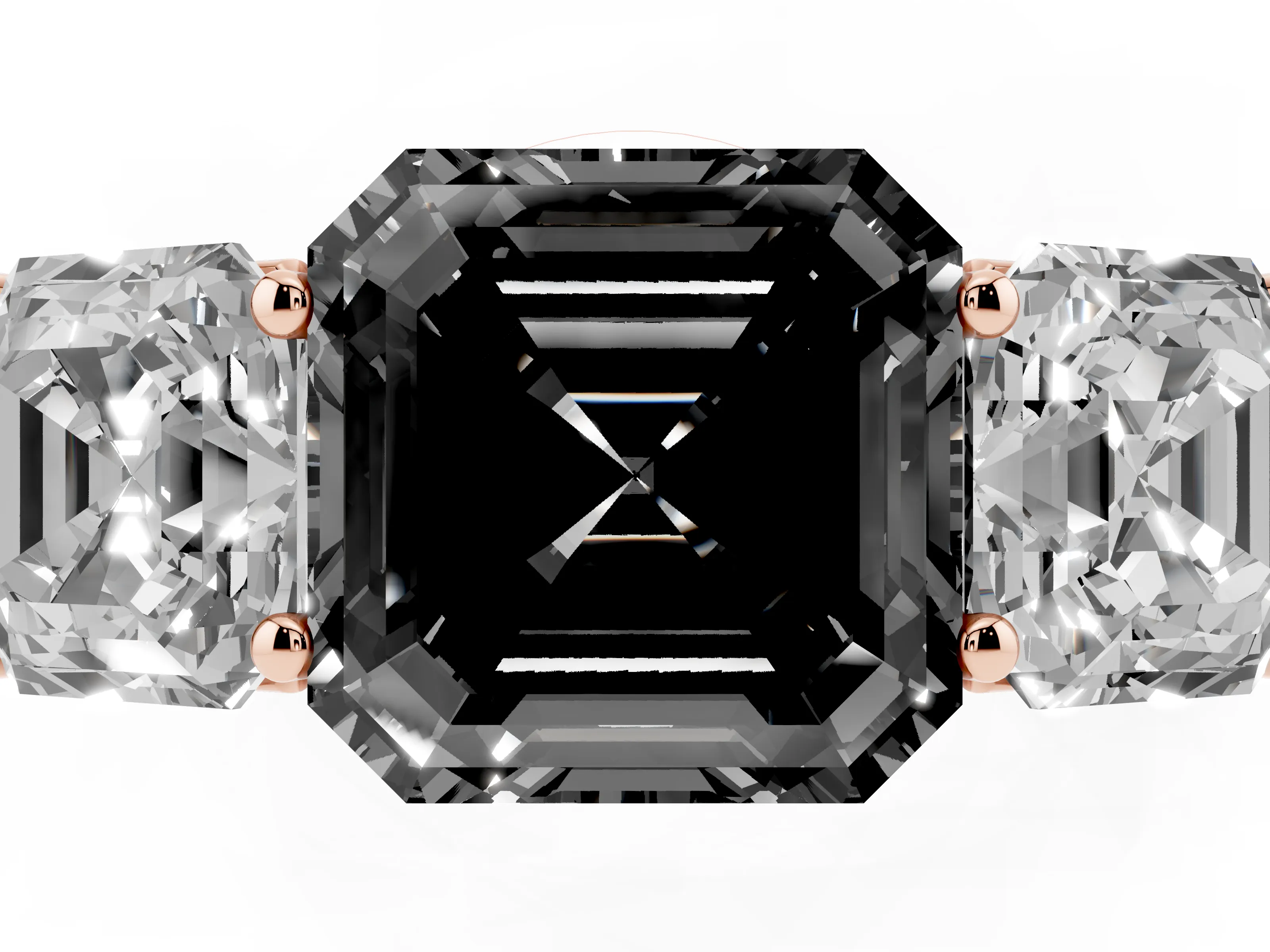 Fancy Black Asscher Cut Diamond Three-Stone Ring Set in Rose gold with Plain Polished Band