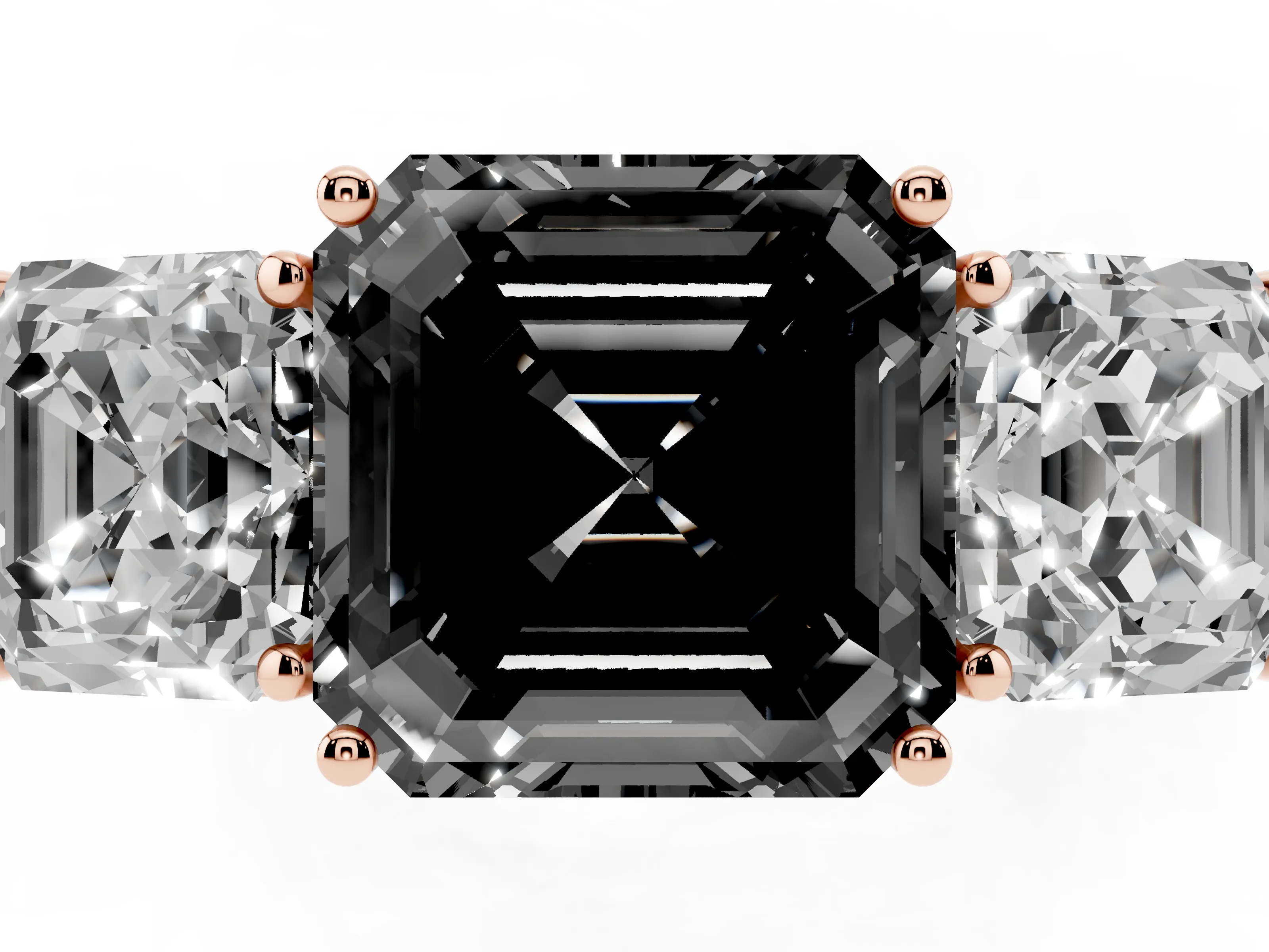 Fancy Black Asscher Cut Diamond Three-Stone Ring Set in Rose gold with Textured Band