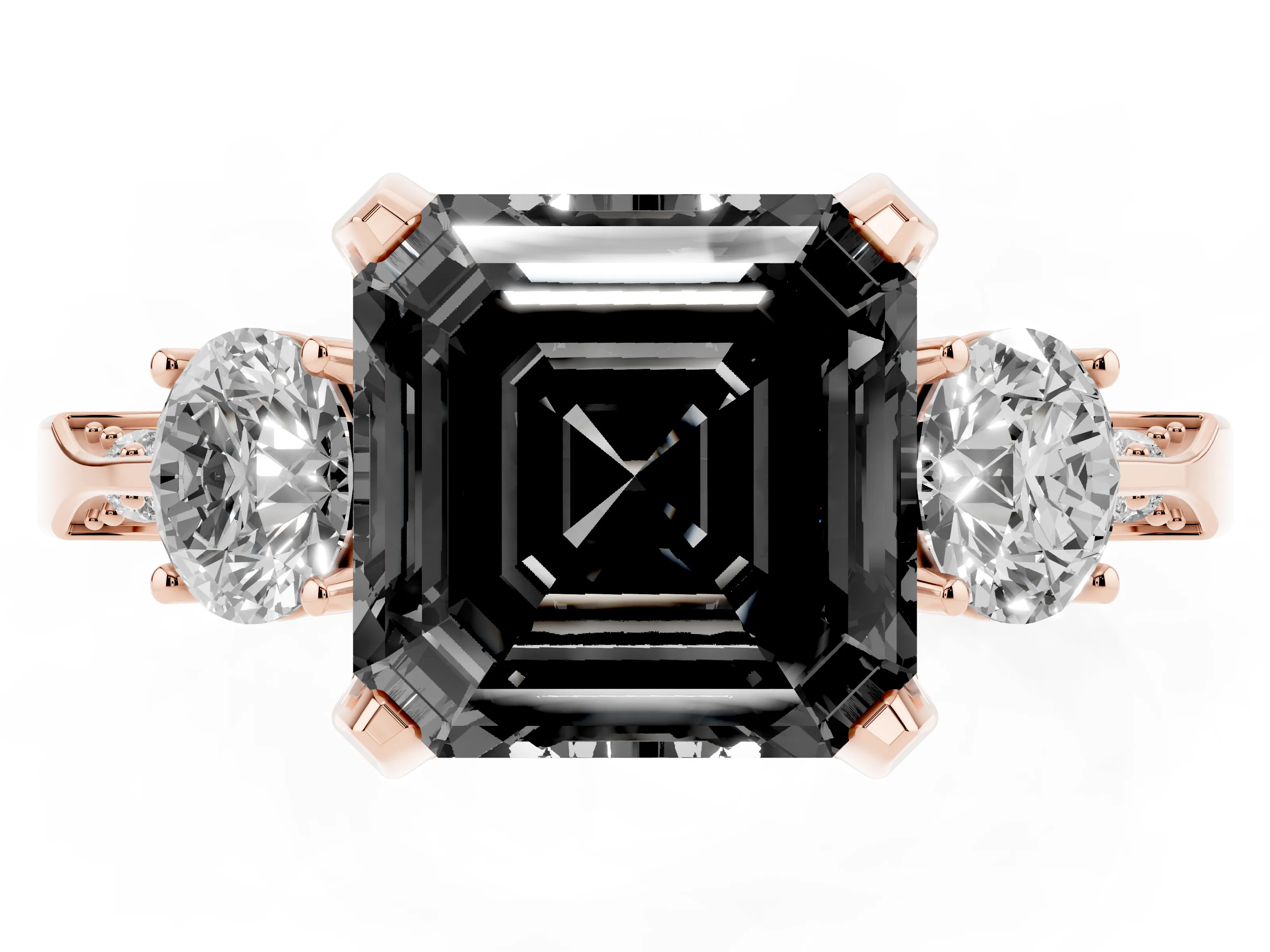 Fancy Black Asscher Cut Diamond Three-Stone Ring Set in Rose gold with Pavé Band and Smaller Side Stones