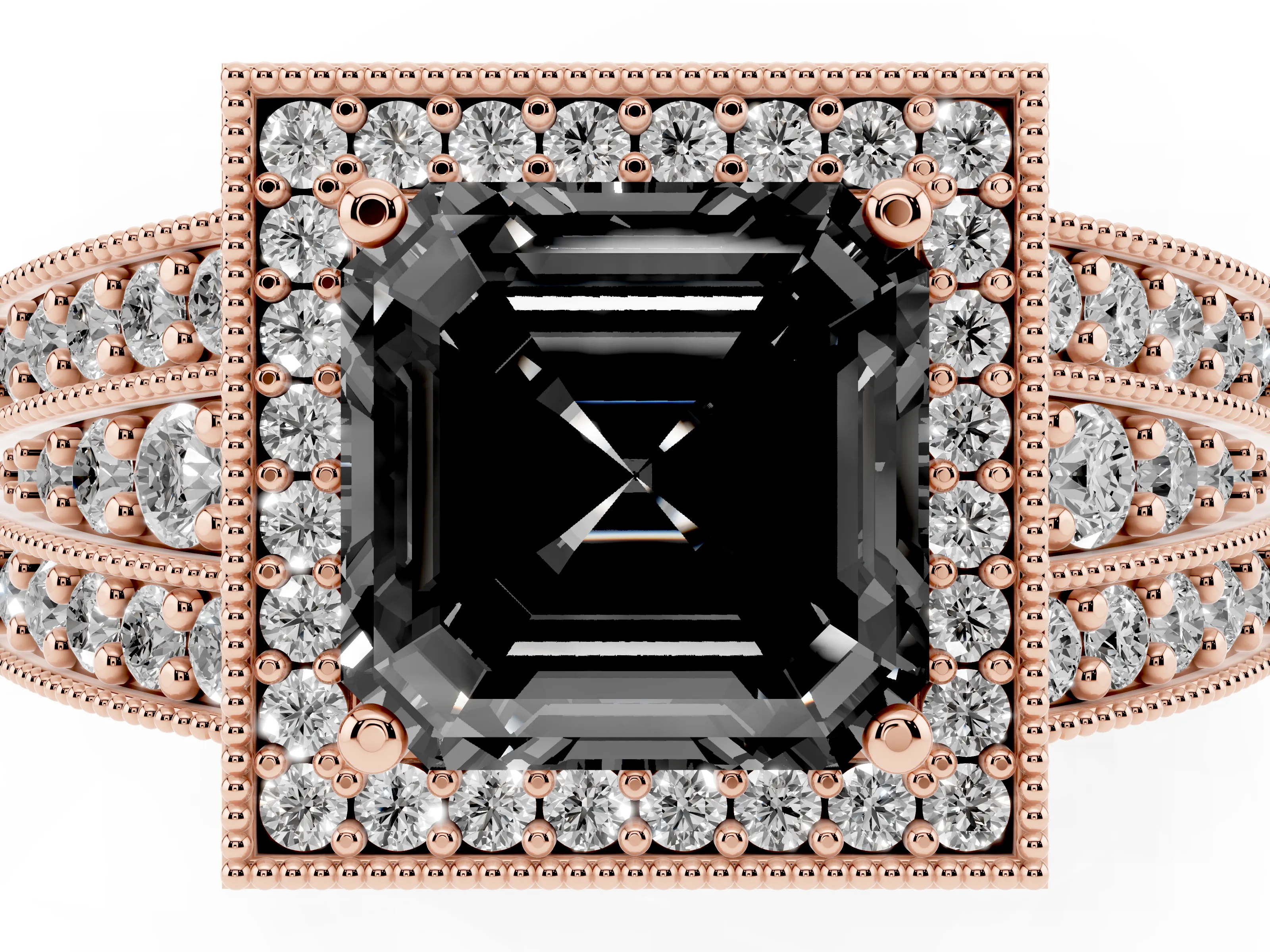 Fancy Black Asscher Cut Diamond Halo Ring Set in Rose gold with Accent Split Shank and Prong Setting