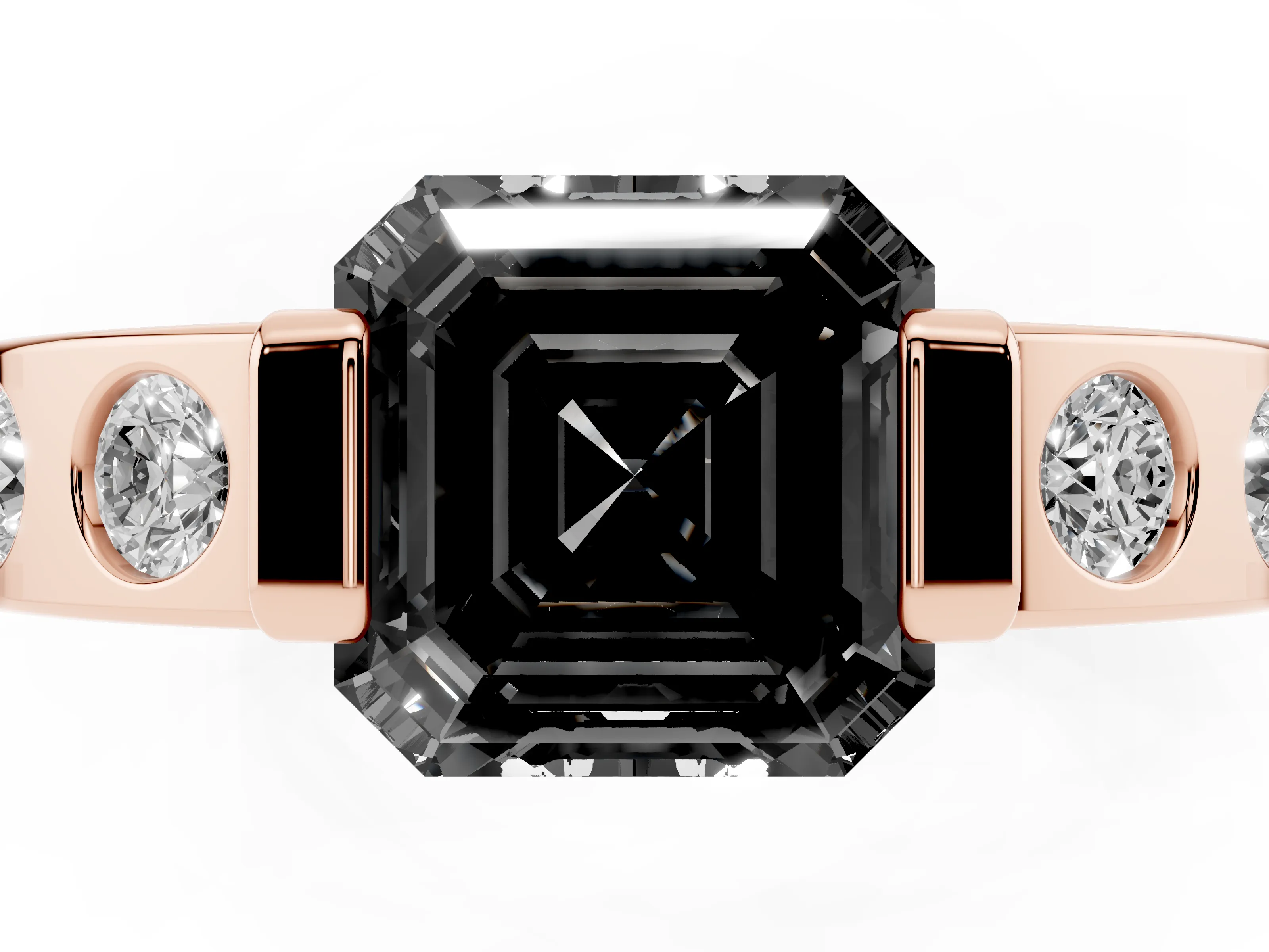 Fancy Black Asscher Cut Diamond Channel-Set Band Ring Set in Rose gold with Bezel Prong Setting
