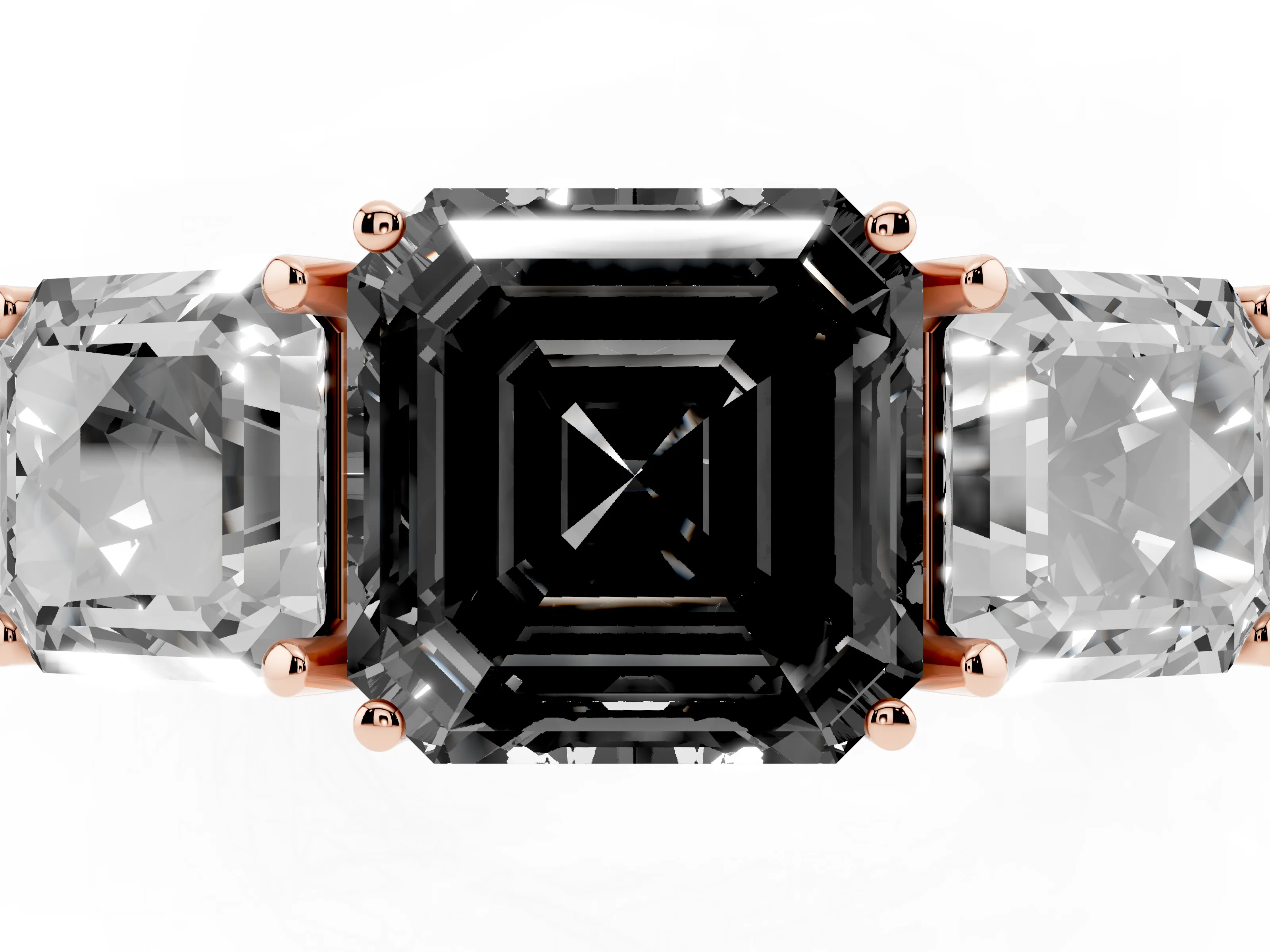 Fancy Black Asscher Cut Diamond Three-Stone Engagement Ring Set in Rose gold with Milgrain Pavé Band