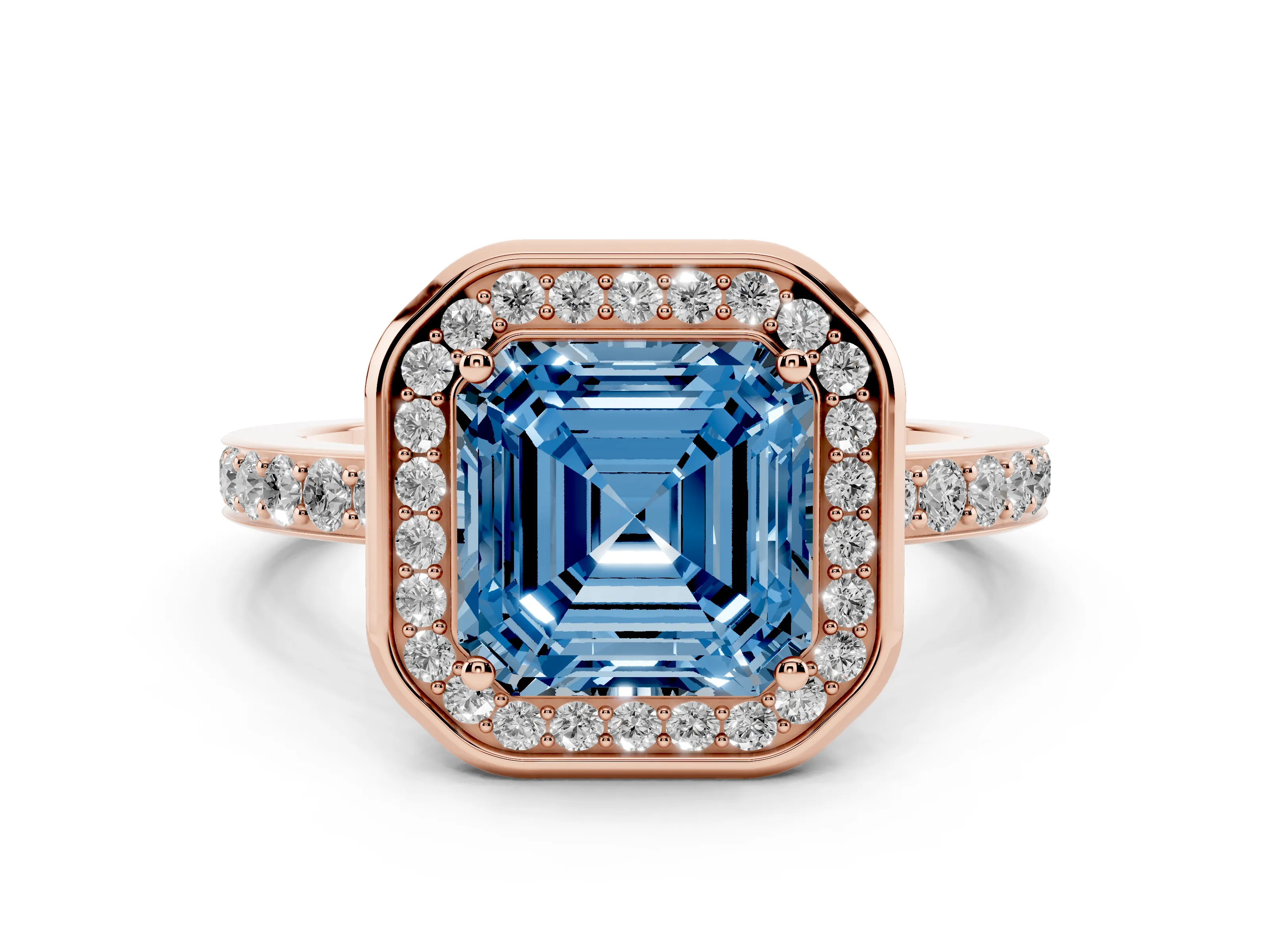 Fancy Blue Asscher Cut Diamond Halo Ring Set in Rose gold with Bezel Frame and Pavé Band
