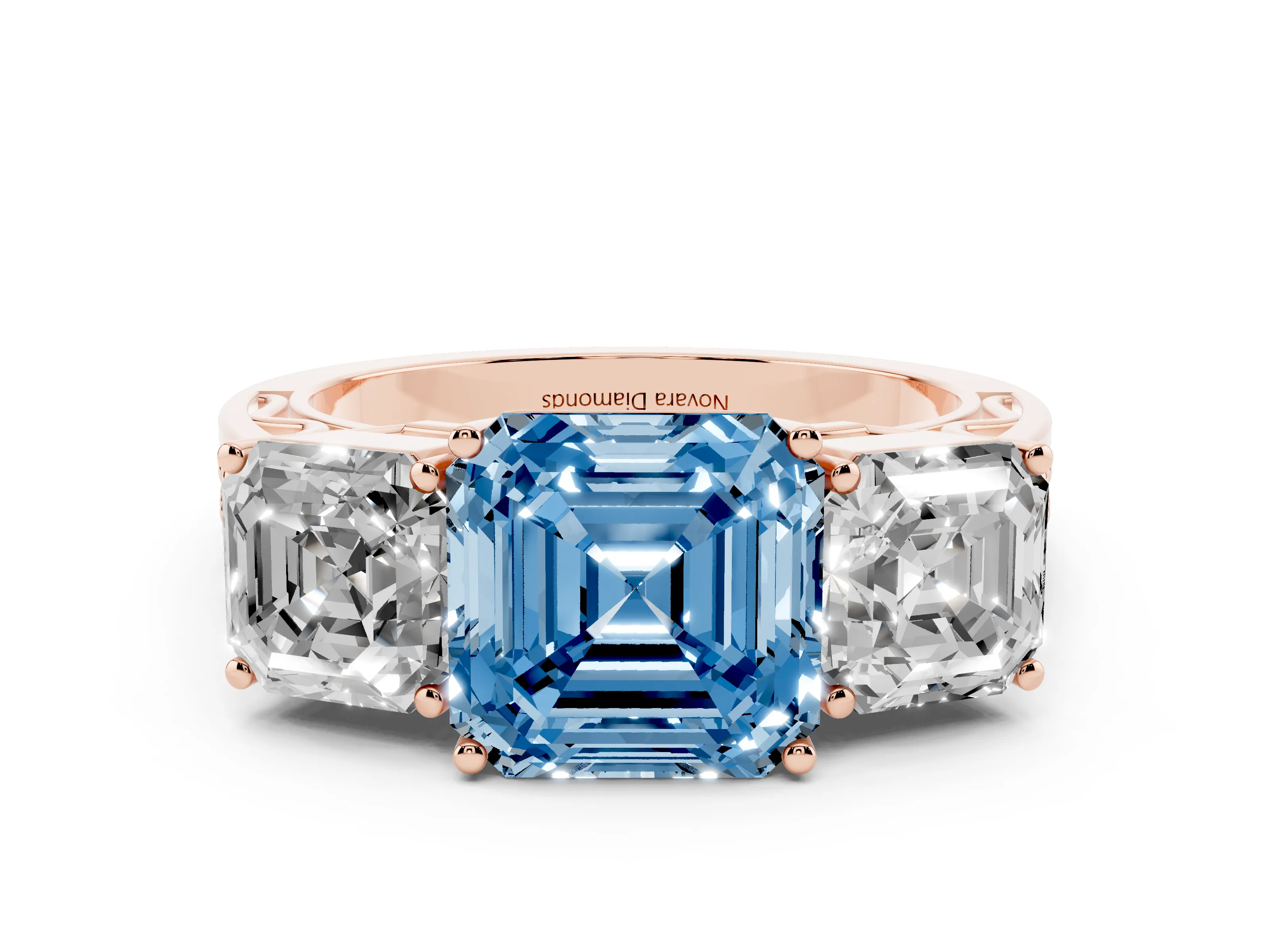 Fancy Blue Asscher Cut Diamond Three-Stone Ring Set in Rose gold with Textured Band