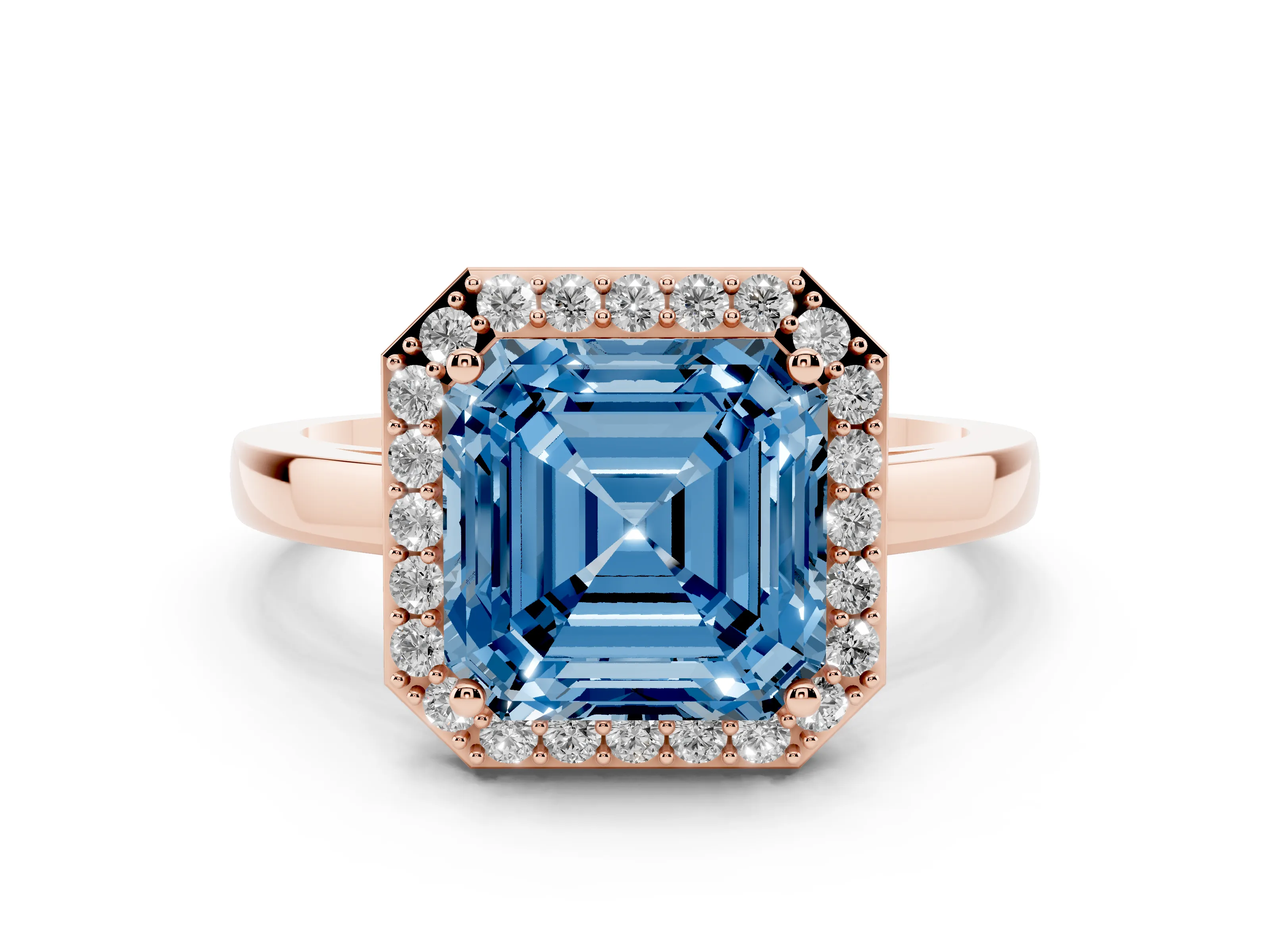 Fancy Blue Asscher Cut Diamond Halo Ring Set in Rose gold with Solitaire Band and Prong Setting