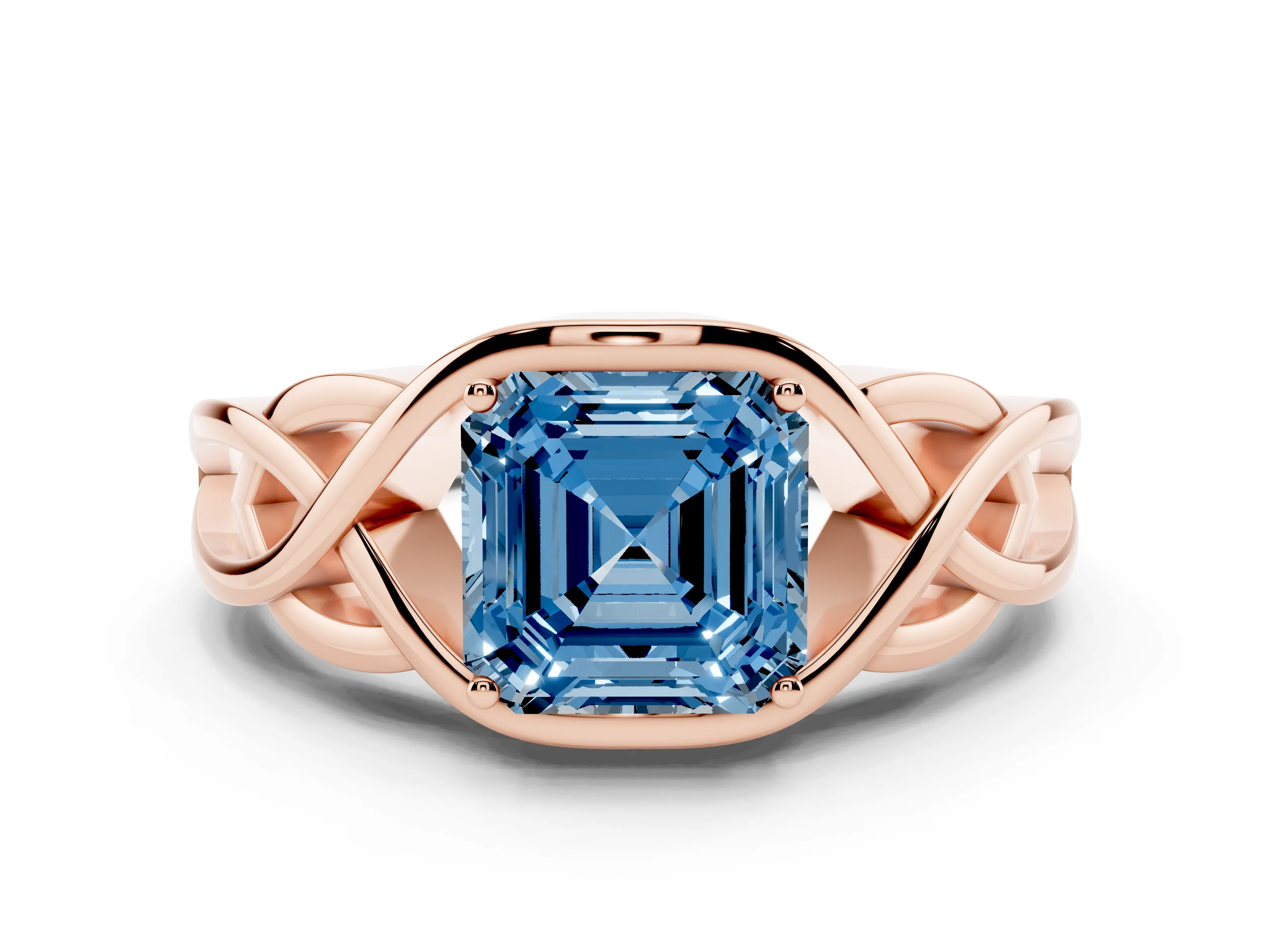 Fancy Blue Asscher Cut Diamond Solitaire Ring Set in Rose gold with Intertwined Band