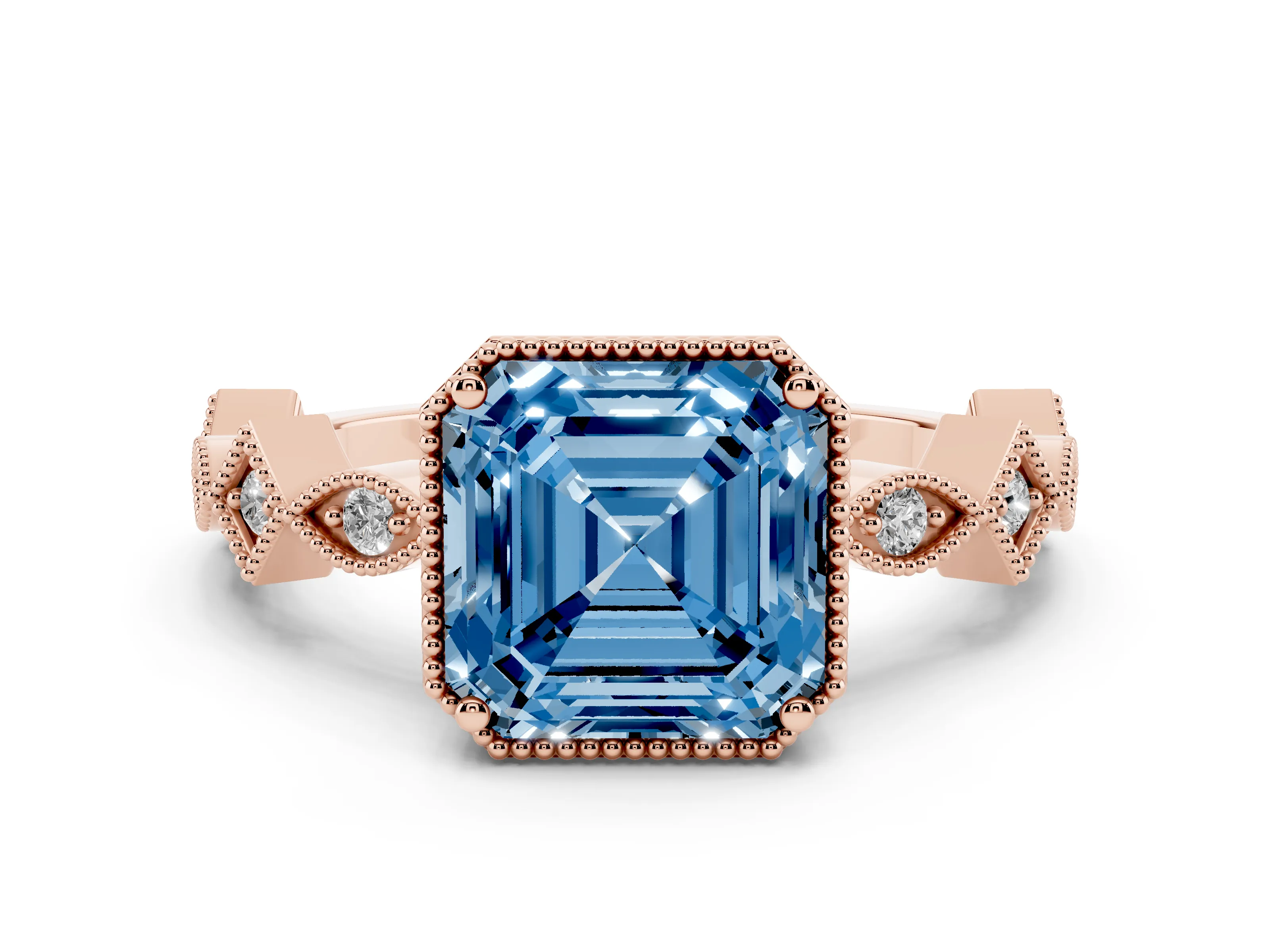 Fancy Blue Asscher Cut Diamond Milgrain Marquise Twist Band Ring Set in Rose gold with Prong Setting