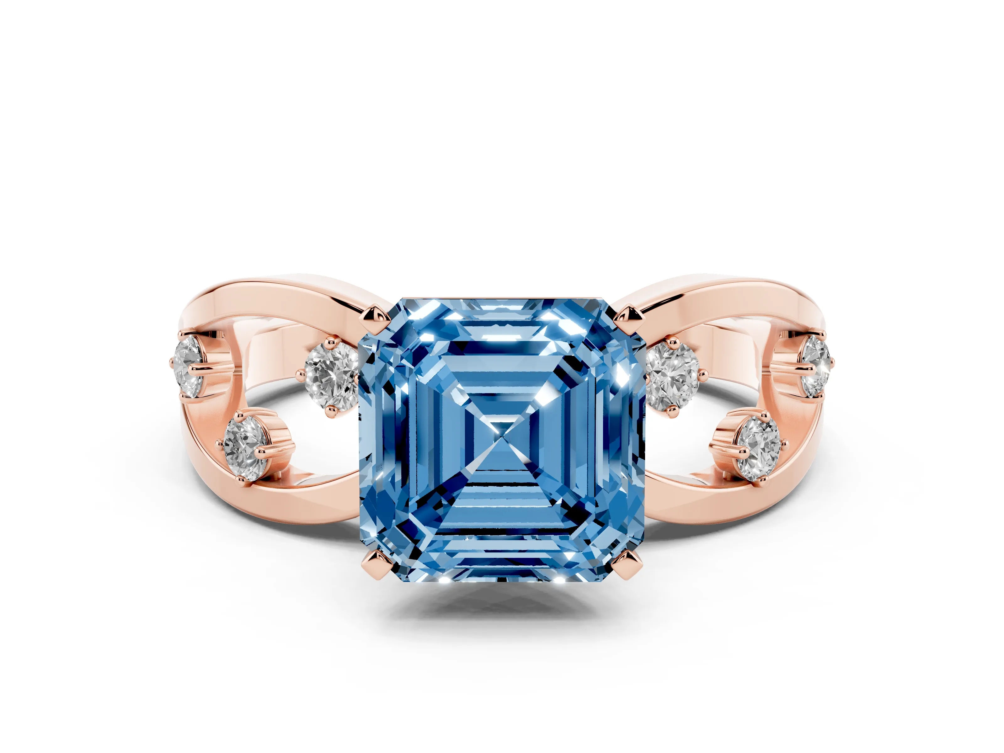 Fancy Blue Asscher Cut Diamond Solitaire Ring Set in Rose gold with Side Stones on Criss-Cross Band and Prong Setting