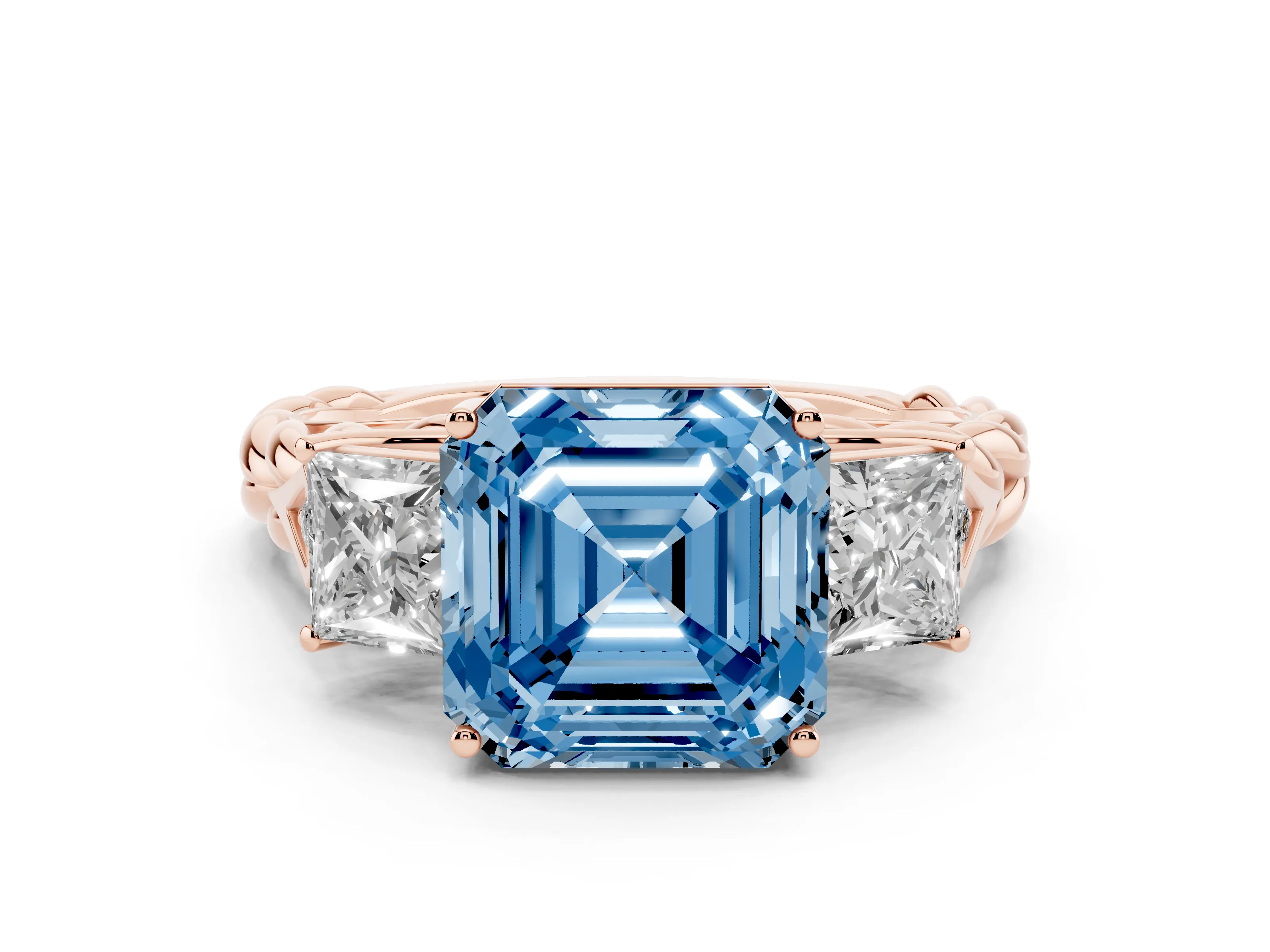 Fancy Blue Asscher Cut Diamond Three-Stone Ring Set in Rose gold with Braided Band