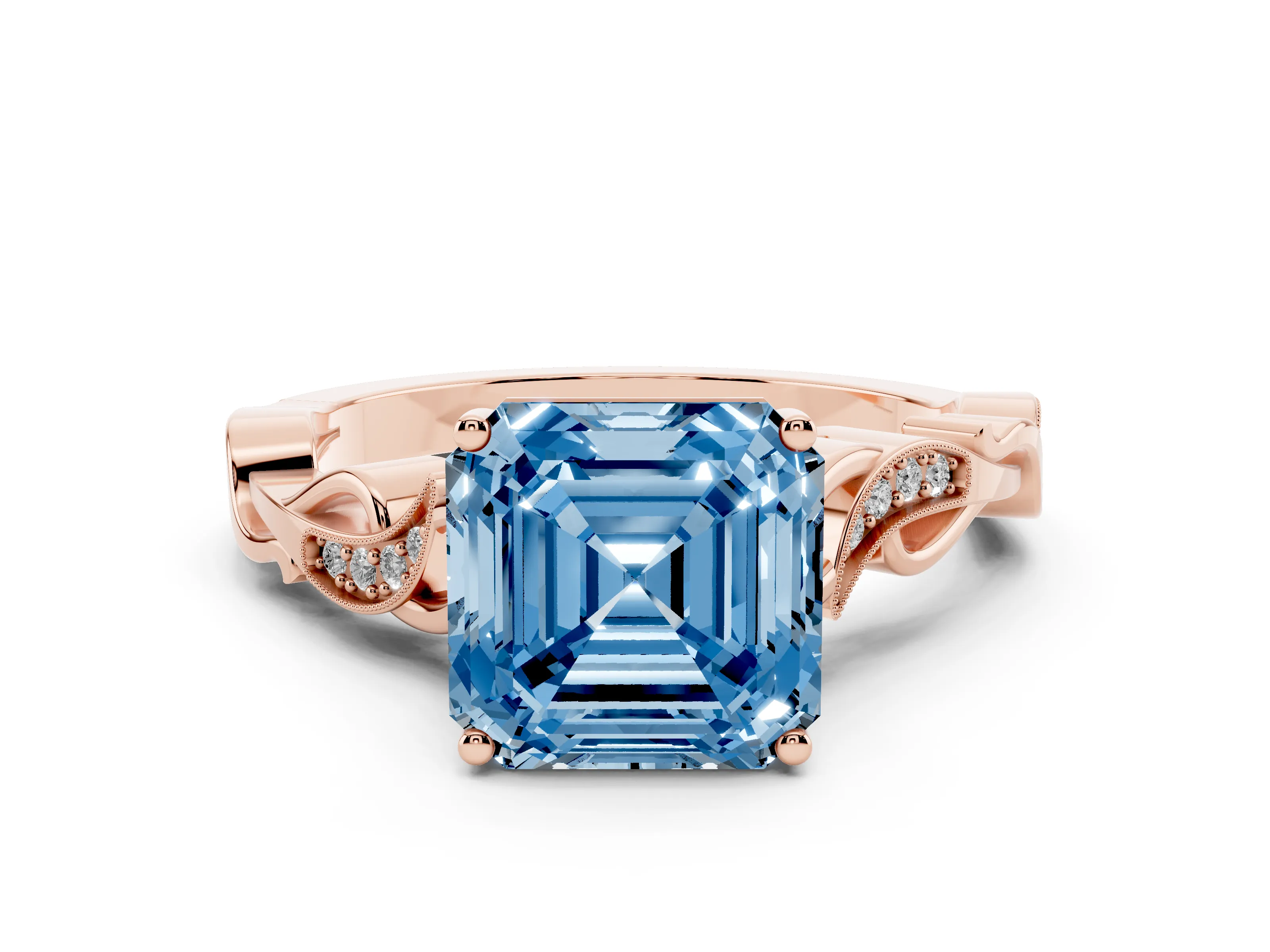 Fancy Blue Asscher Cut Diamond Vine Band Solitaire Ring Set in Rose gold with Milgrain Prong Setting