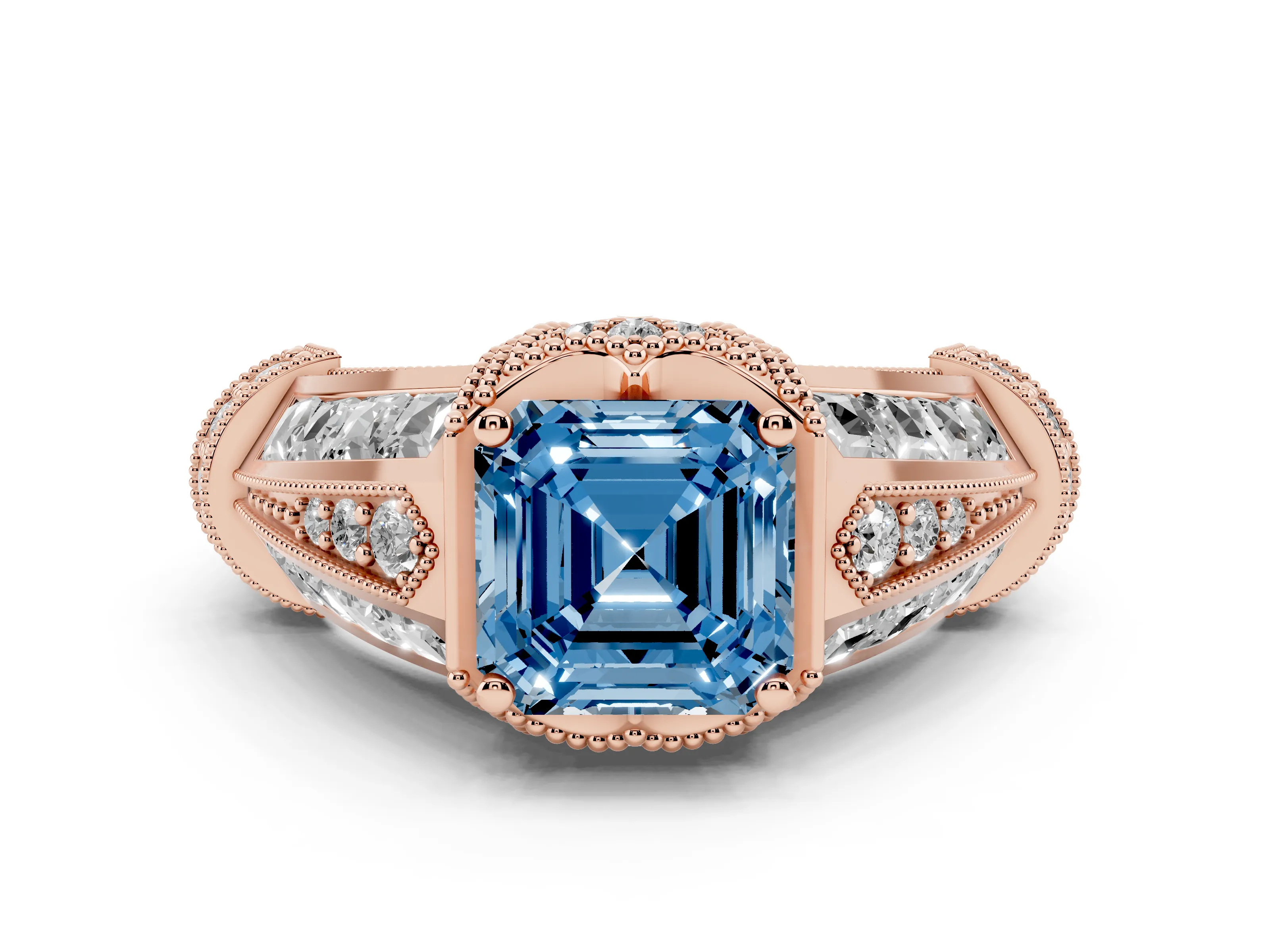 Fancy Blue Asscher Cut Diamond Vintage-Inspired Milgrain Ring Set in Rose gold with Accent Split Shank