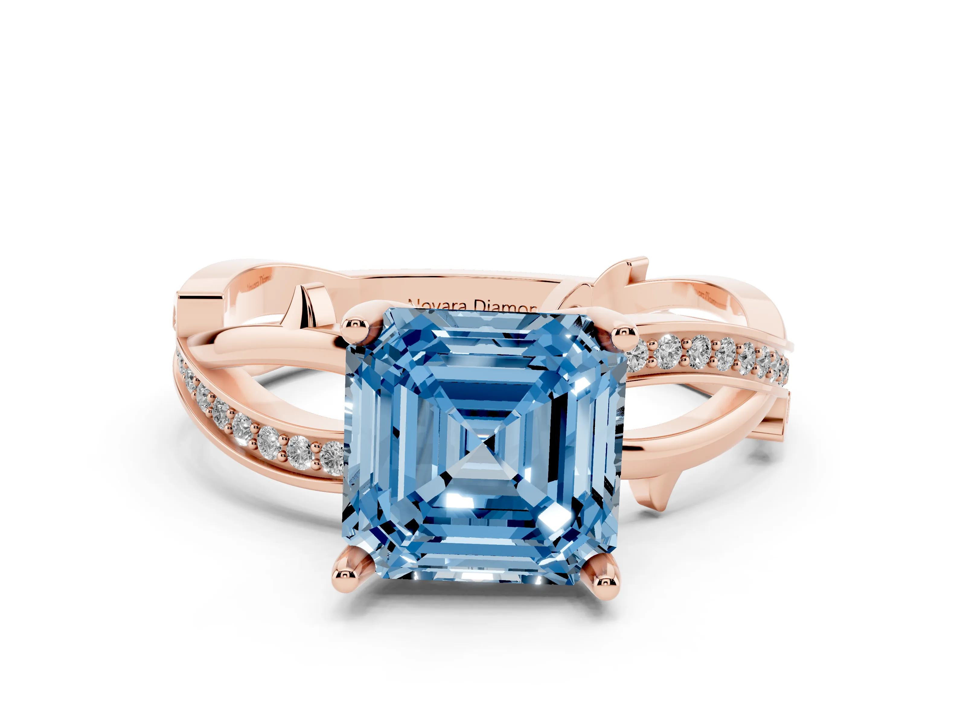 Fancy Blue Asscher Cut Diamond Pavé Twist Band Solitaire Ring Set in Rose gold with Prong Setting