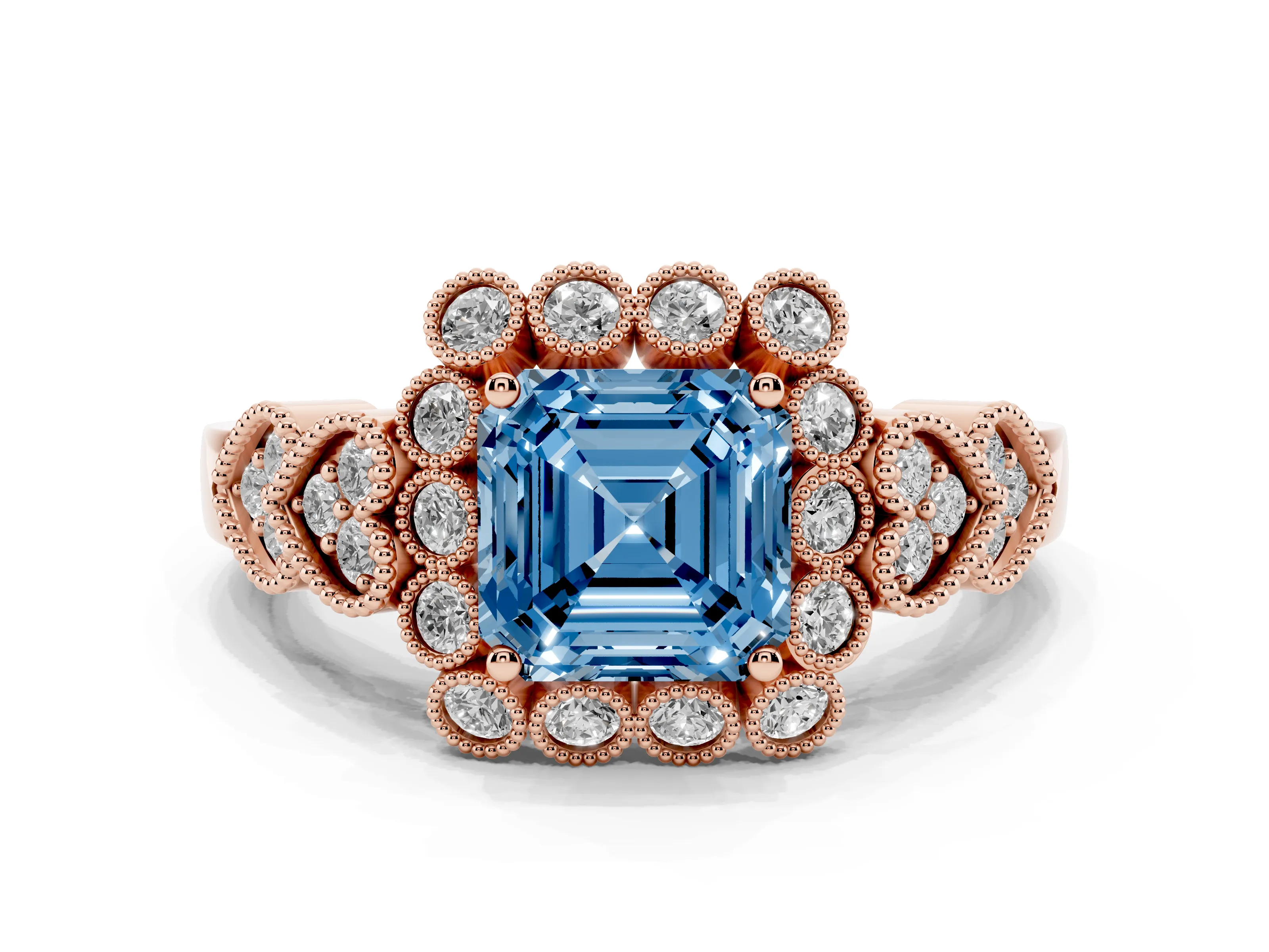 Fancy Blue Asscher Cut Diamond Solitaire Ring Set in Rose gold with Milgrain Pavé Heart Band