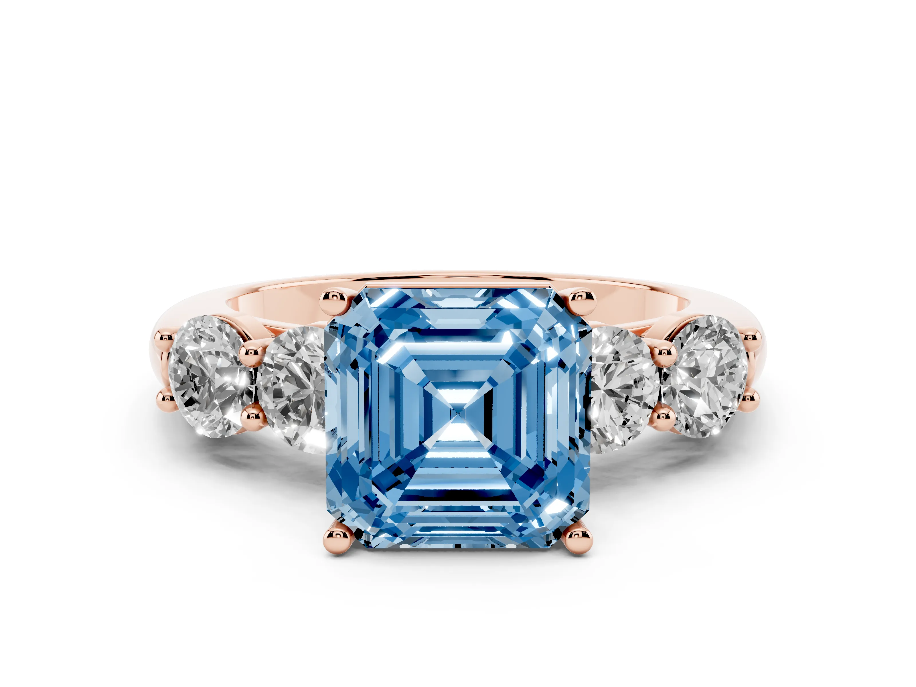 Fancy Blue Asscher Cut Diamond Five-Stone Prong Set Ring Set in Rose gold with Classic Band