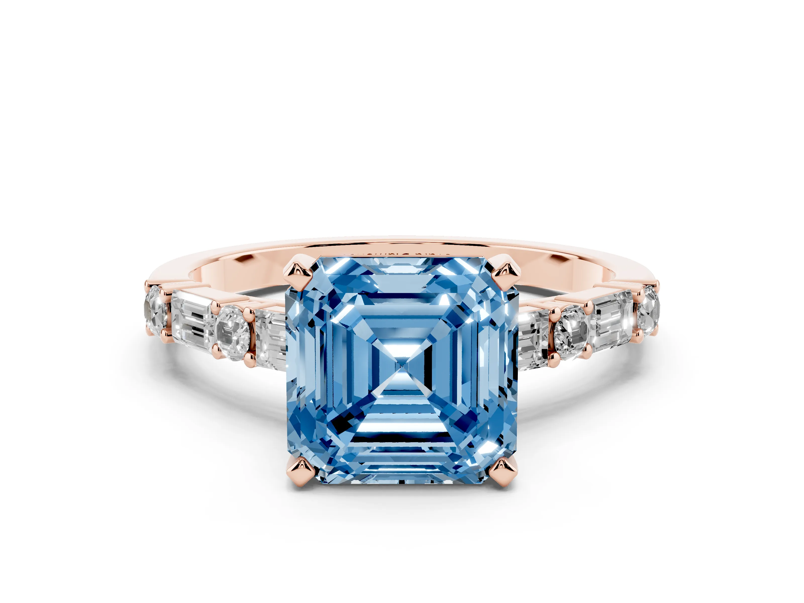 Fancy Blue Asscher Cut Diamond Solitaire Set in Rose gold with Side Baguettes and Channel Set Band