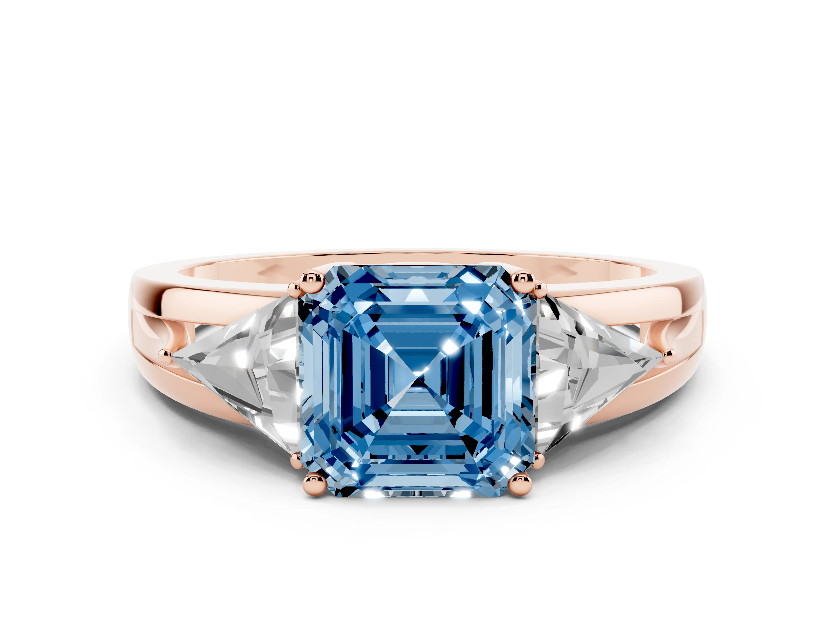 Fancy Blue Asscher Cut Diamond Three-Stone Ring Set in Rose gold with Trillion Side Stones and Split Shank