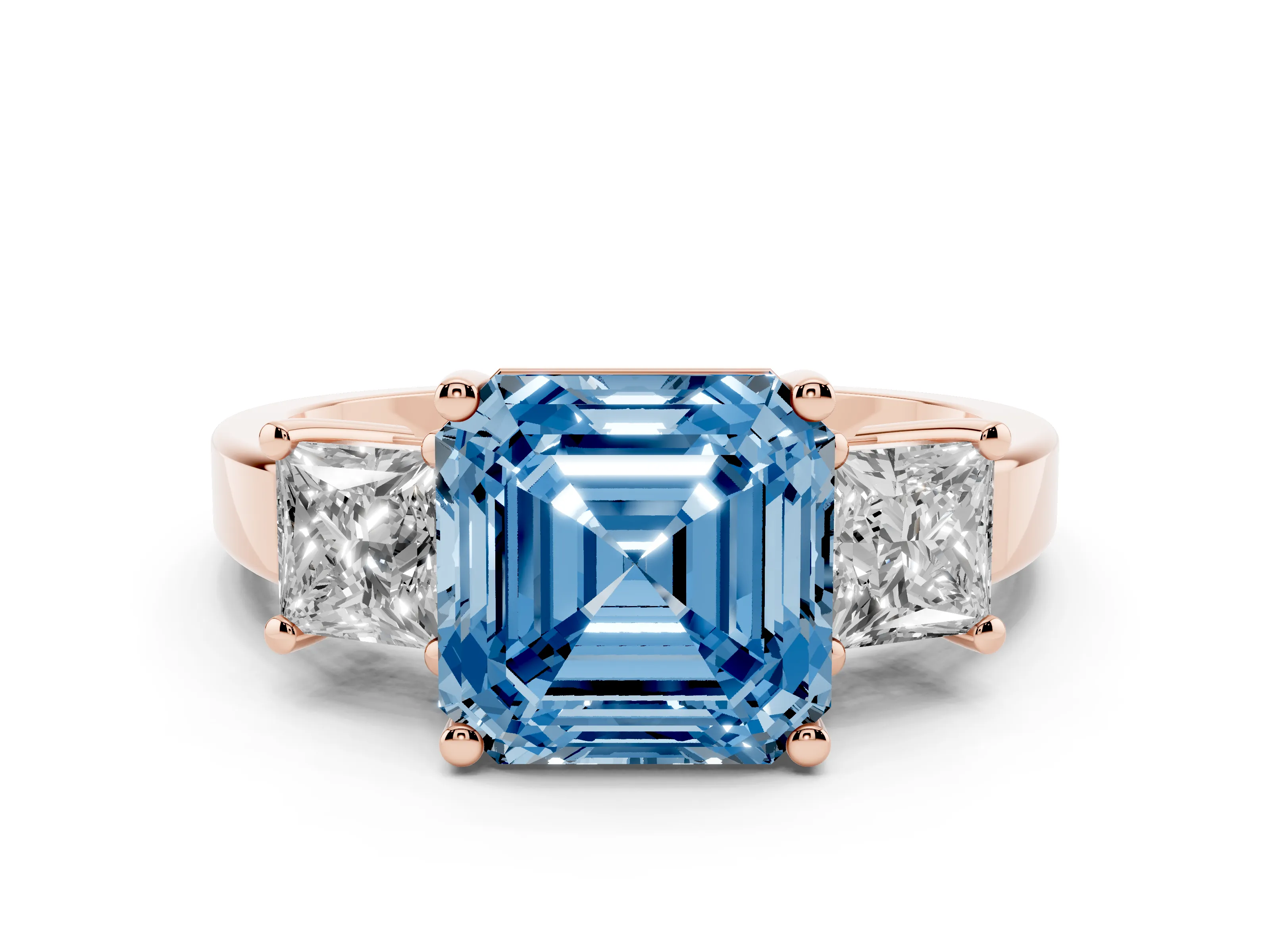 Fancy Blue Three-Stone Asscher Cut Diamond Solitaire Ring Set in Rose gold with Prong Setting