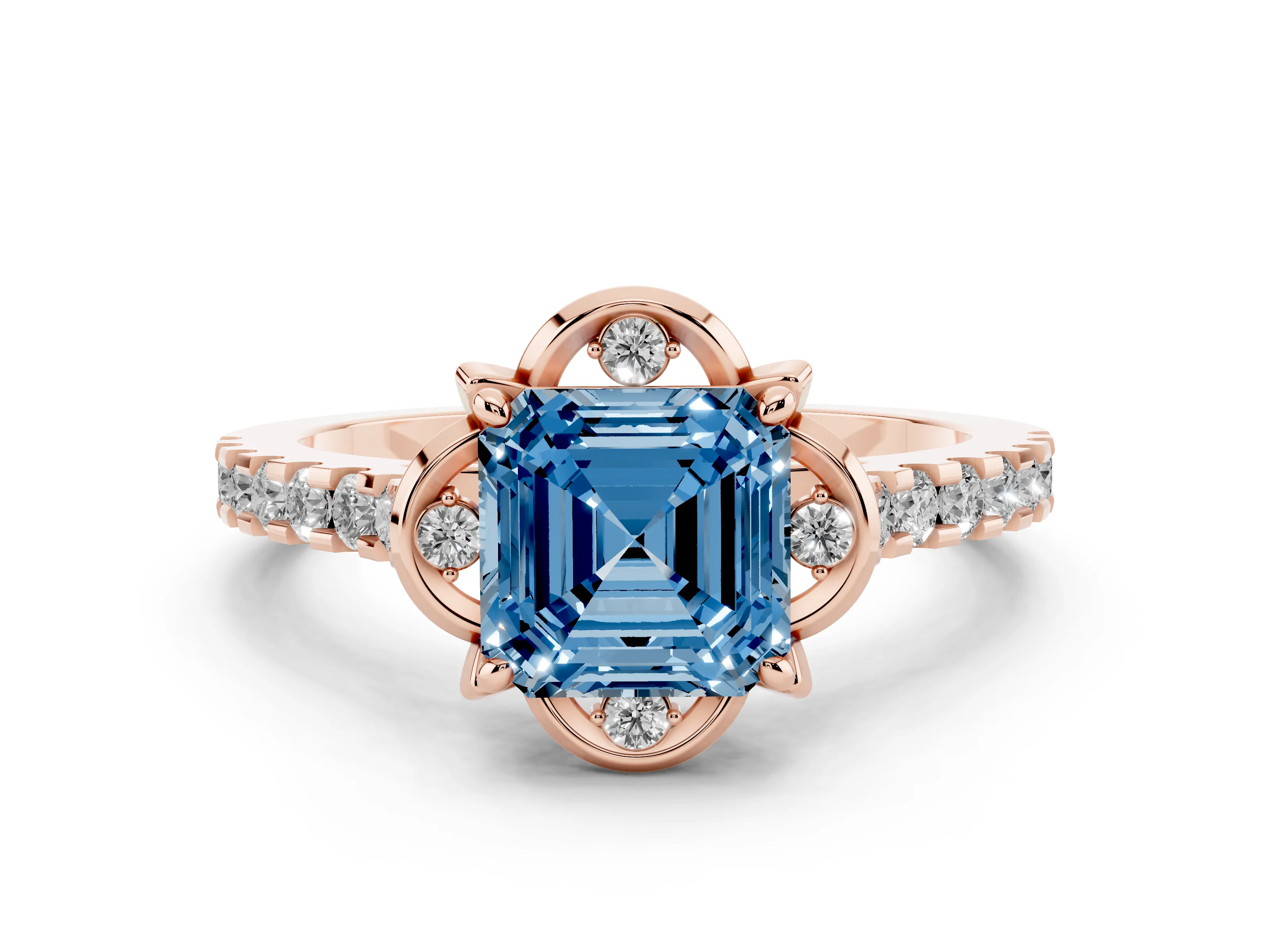 Fancy Blue Asscher Cut Diamond Solitaire Ring Set in Rose gold with Pavé Band and Floral Prong Setting