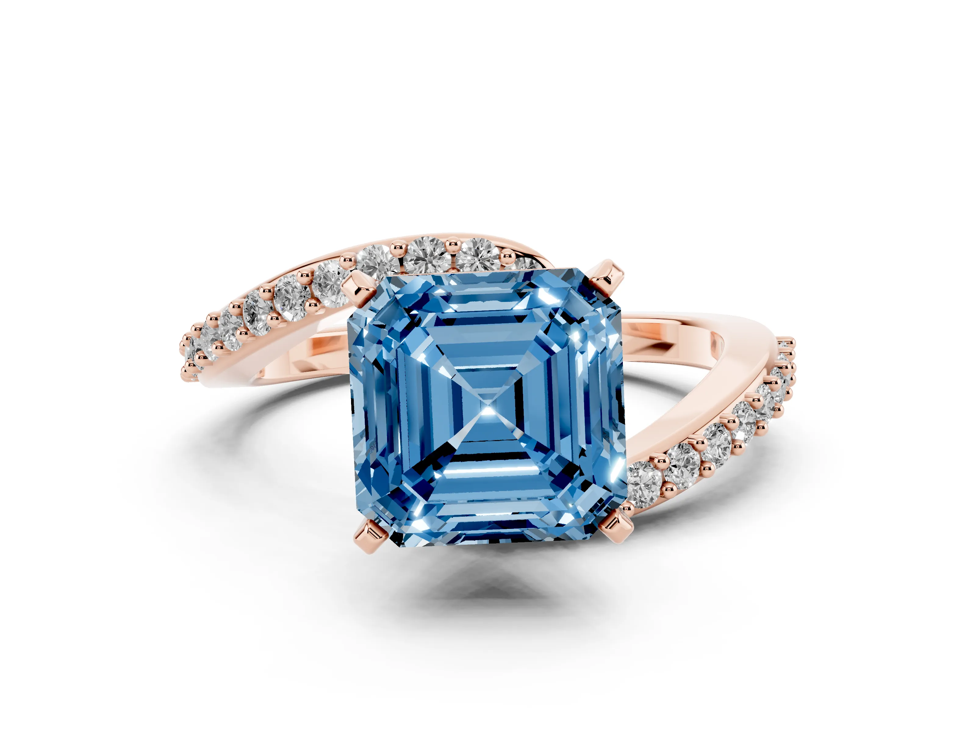 Fancy Blue Asscher Cut Diamond Solitaire Ring Set in Rose gold with Pavé Twist Band and Prong Setting