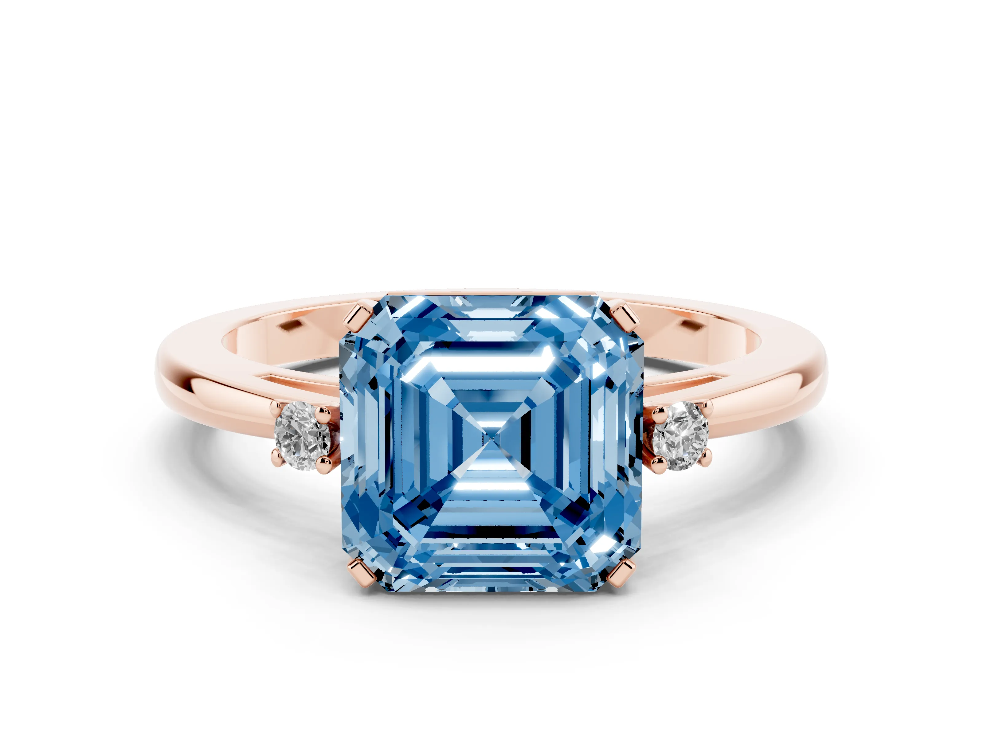 Fancy Blue Three-Stone Asscher Cut Diamond Solitaire Ring Set in Rose gold with Round Accent Stones and Prong Setting