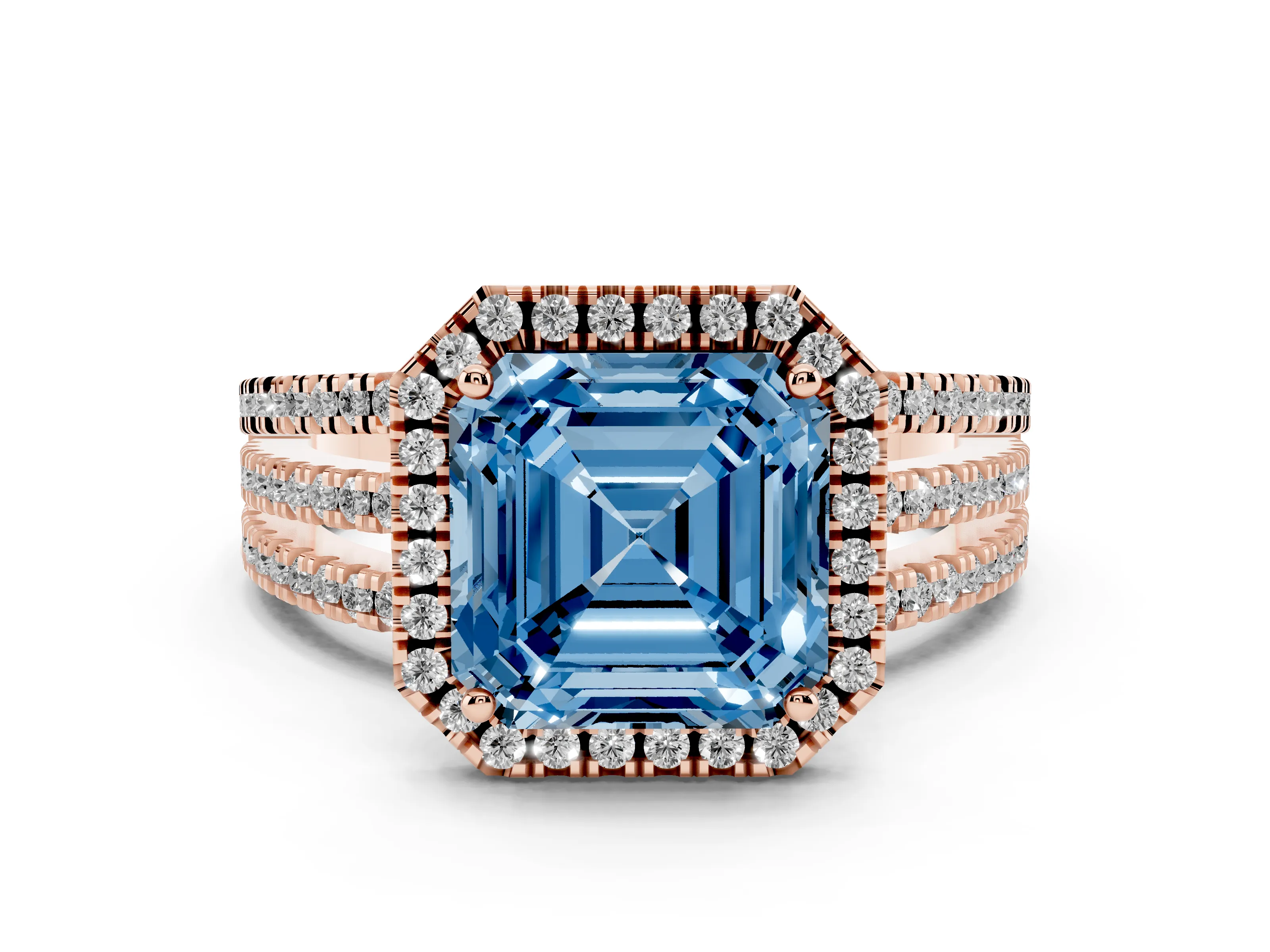 Fancy Blue Asscher Cut Diamond Halo Split Shank Engagement Ring Set in Rose gold with Prong Setting