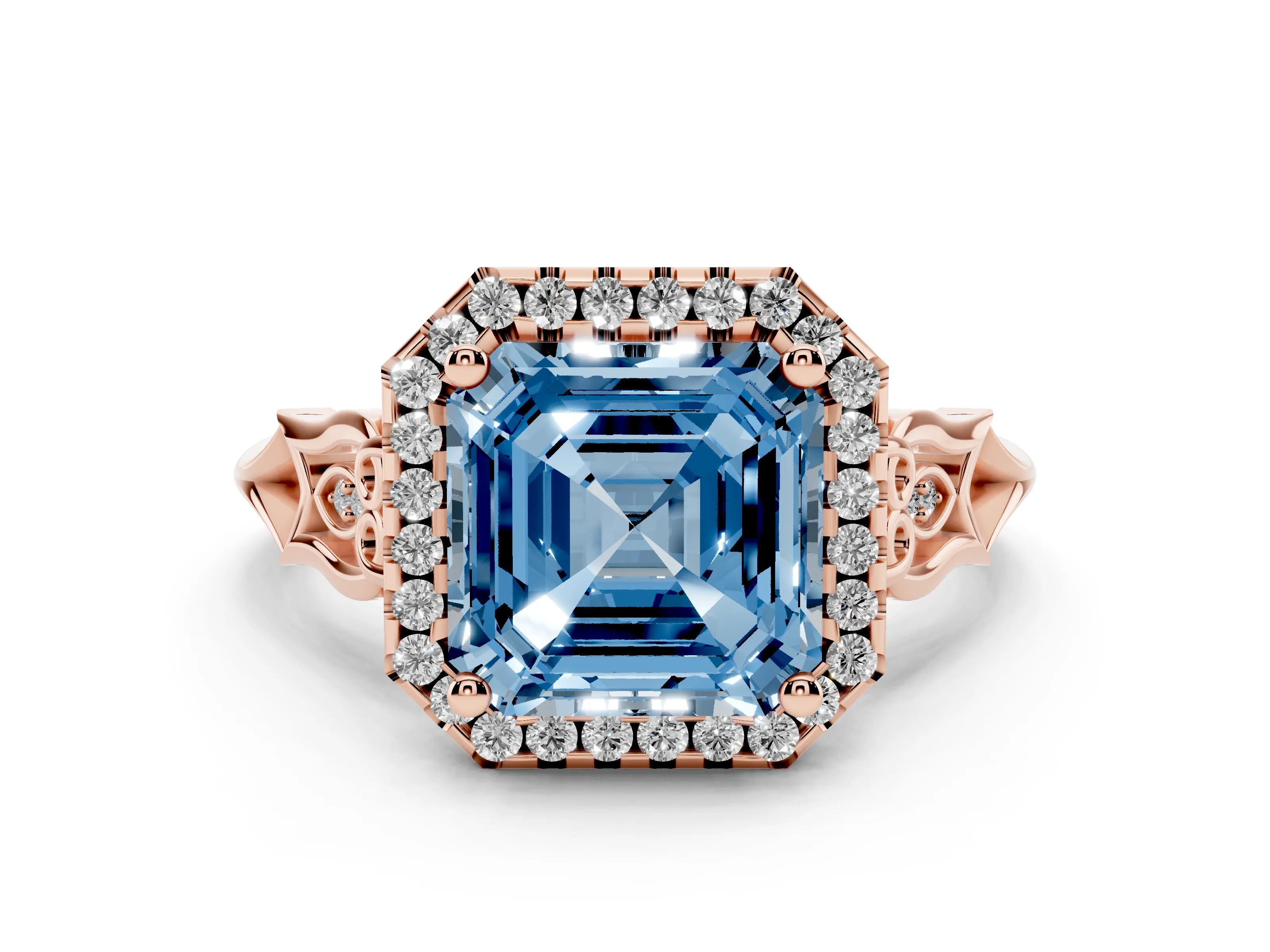 Fancy Blue Asscher Cut Diamond Halo Engagement Ring Set in Rose gold with Filigree Band and Prong-Set Center