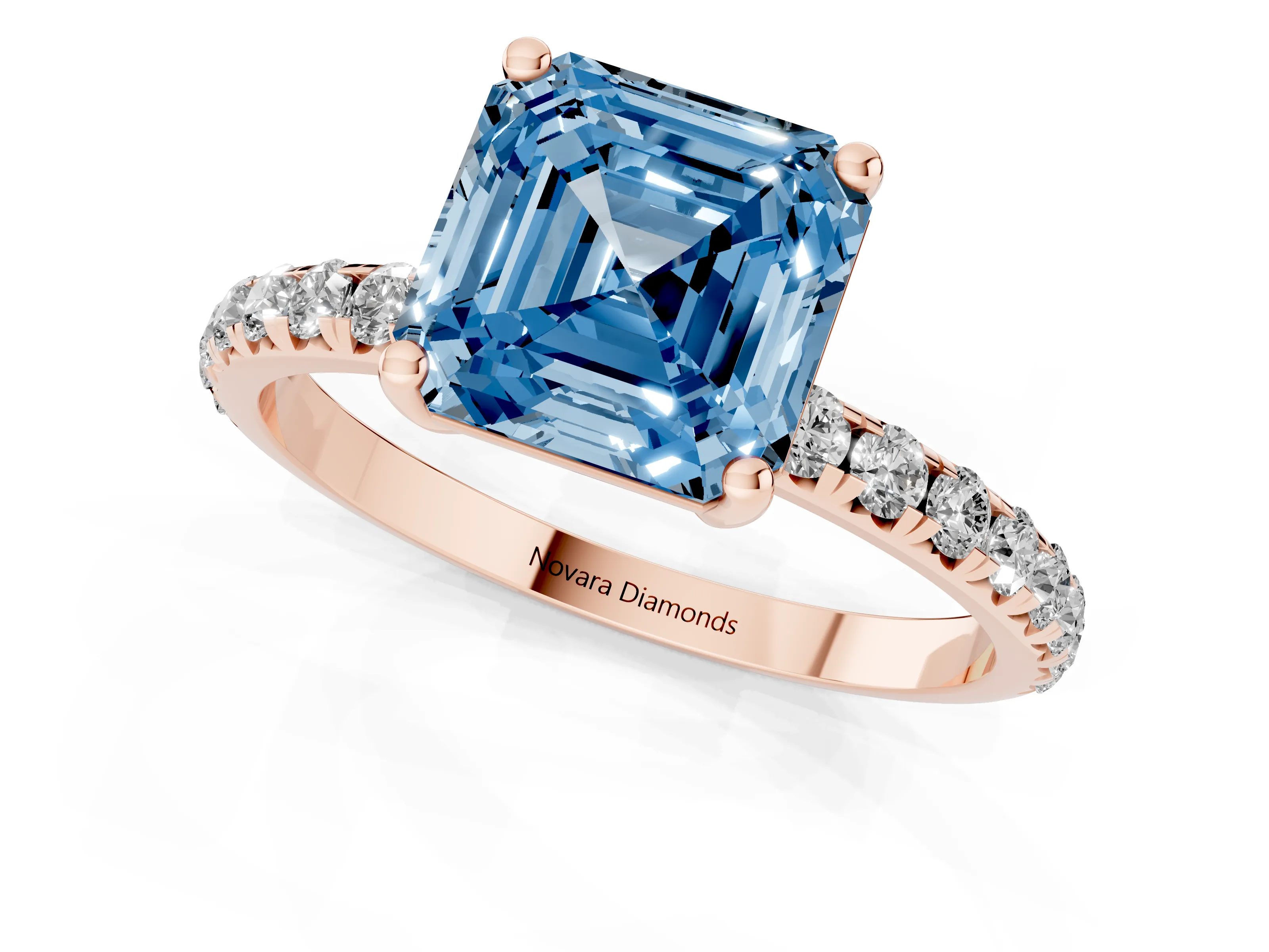 Fancy Blue Asscher Cut Diamond Solitaire Ring Set in Rose gold with Micro Pavé Band and Prong Setting