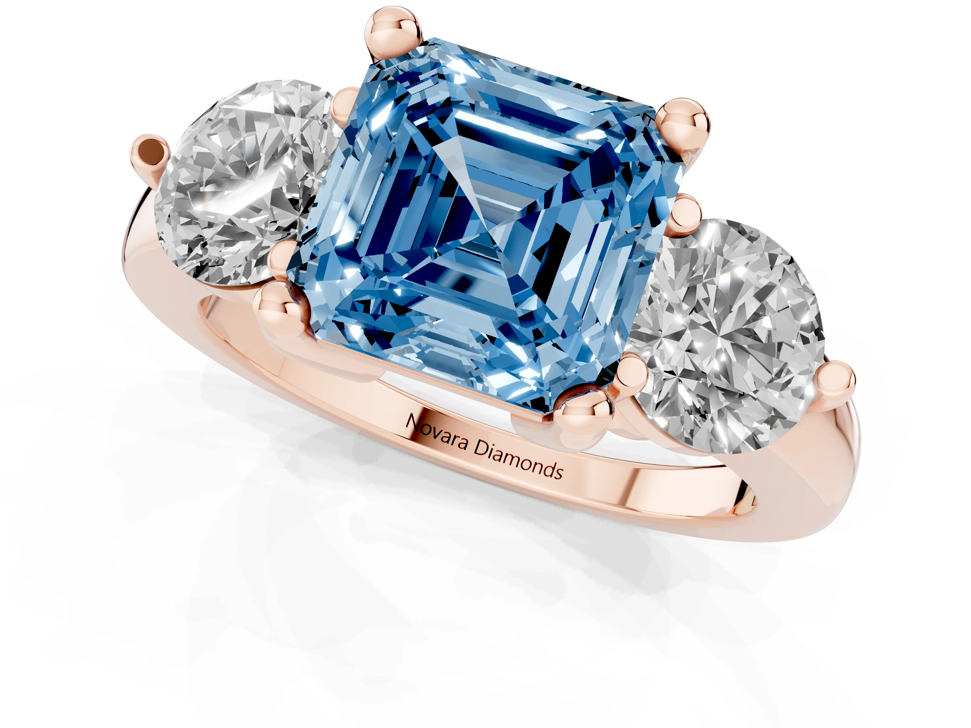 Fancy Blue Asscher Cut Diamond Three-Stone Ring Set in Rose gold with Prong Setting and Classic Band