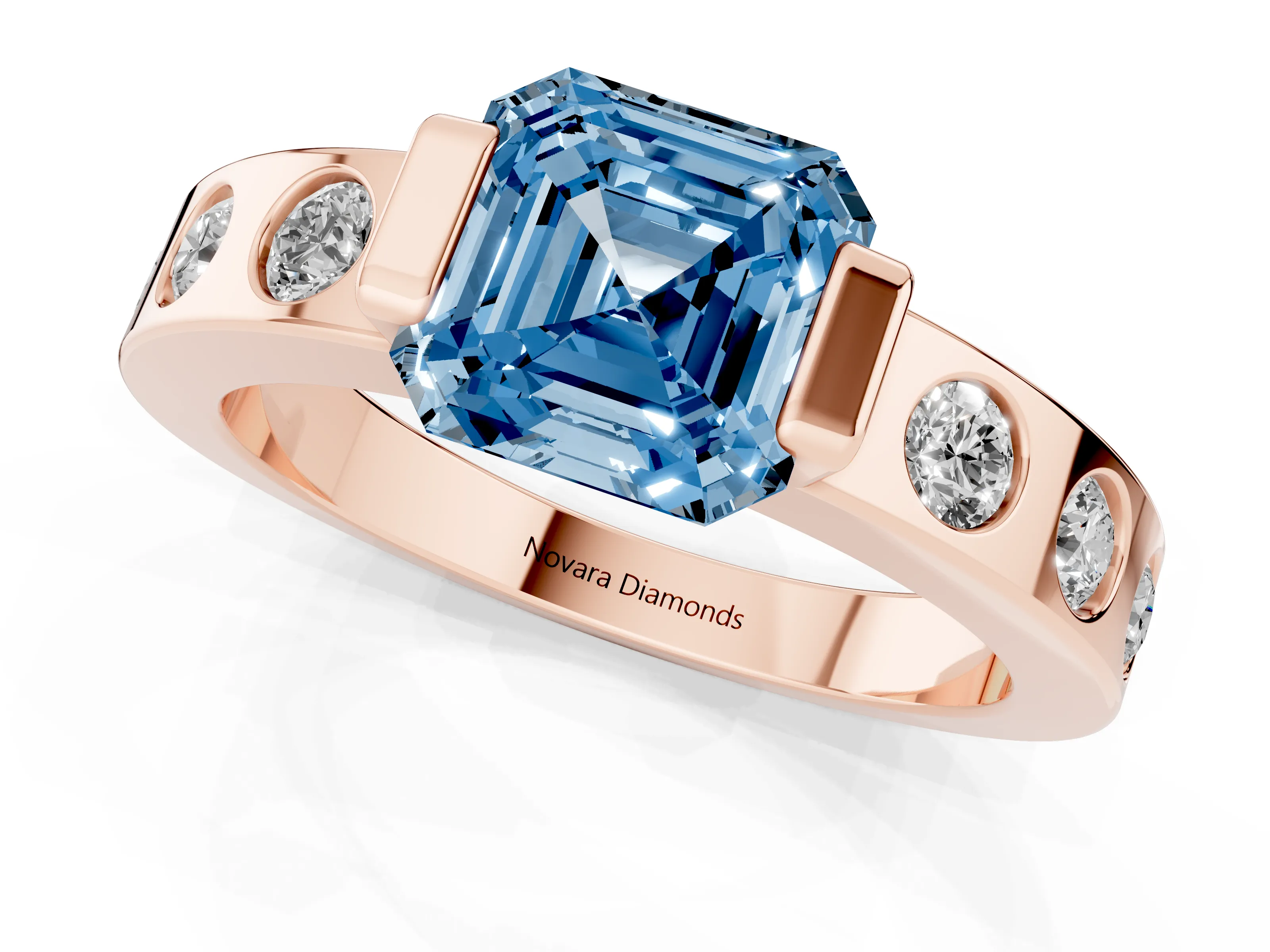 Fancy Blue Asscher Cut Diamond Channel-Set Band Ring Set in Rose gold with Bezel Prong Setting