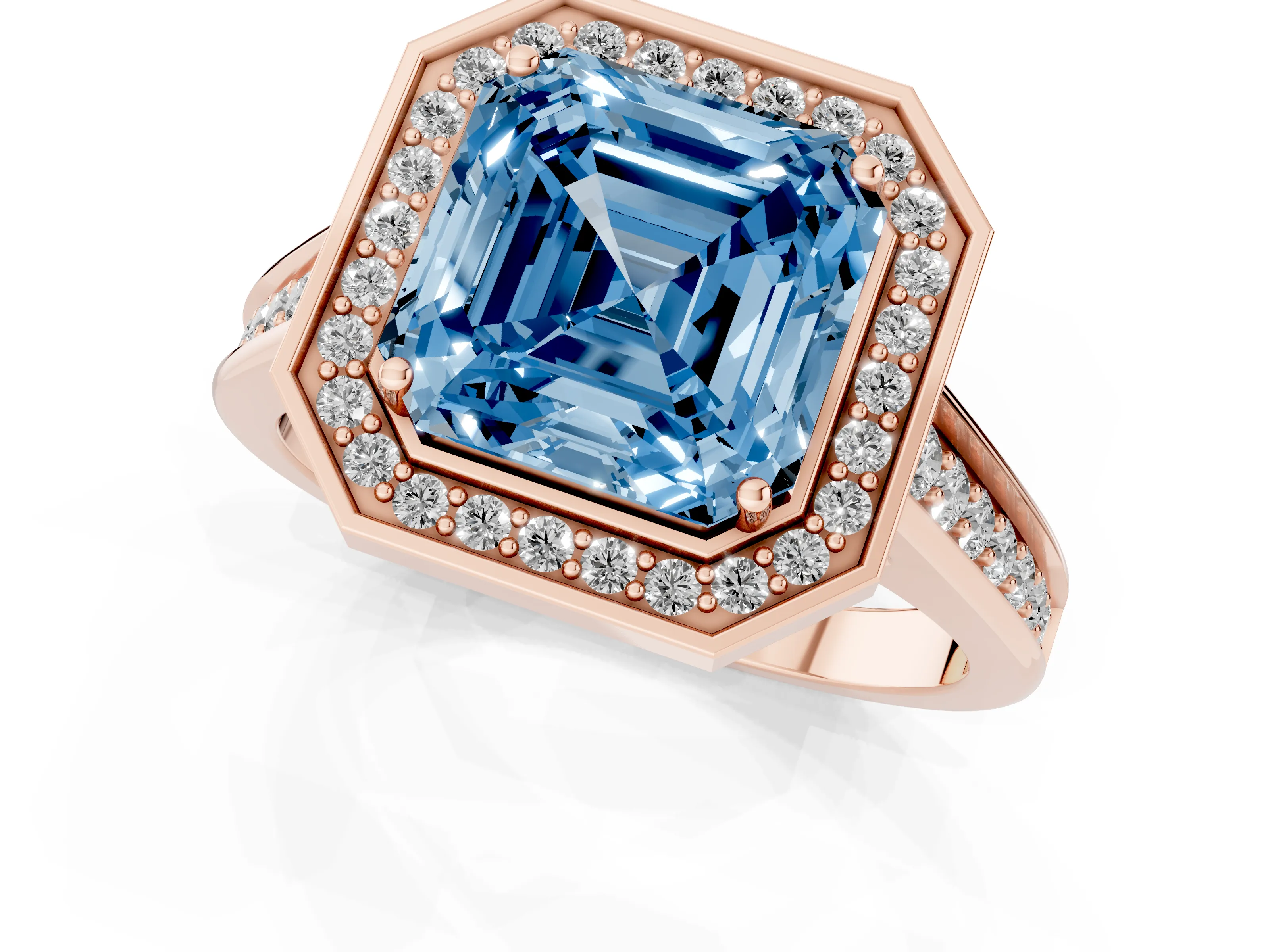 Fancy Blue Asscher Cut Diamond Halo Solitaire Ring Set in Rose gold with Pavé Band and Bezel Setting