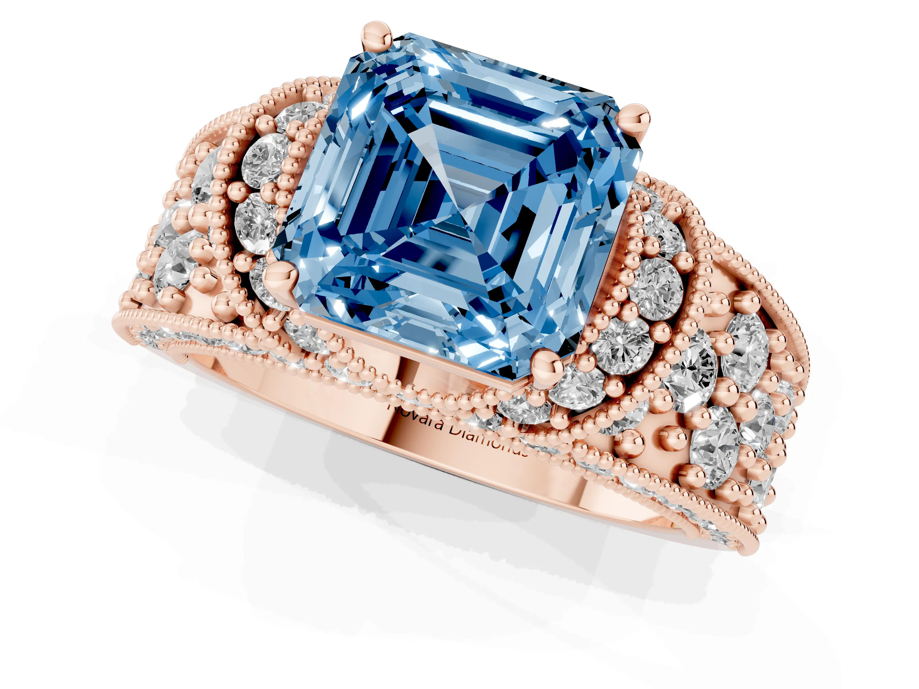 Fancy Blue Asscher Cut Diamond Milgrain Halo Pavé Engagement Ring Set in Rose gold with Prong Setting