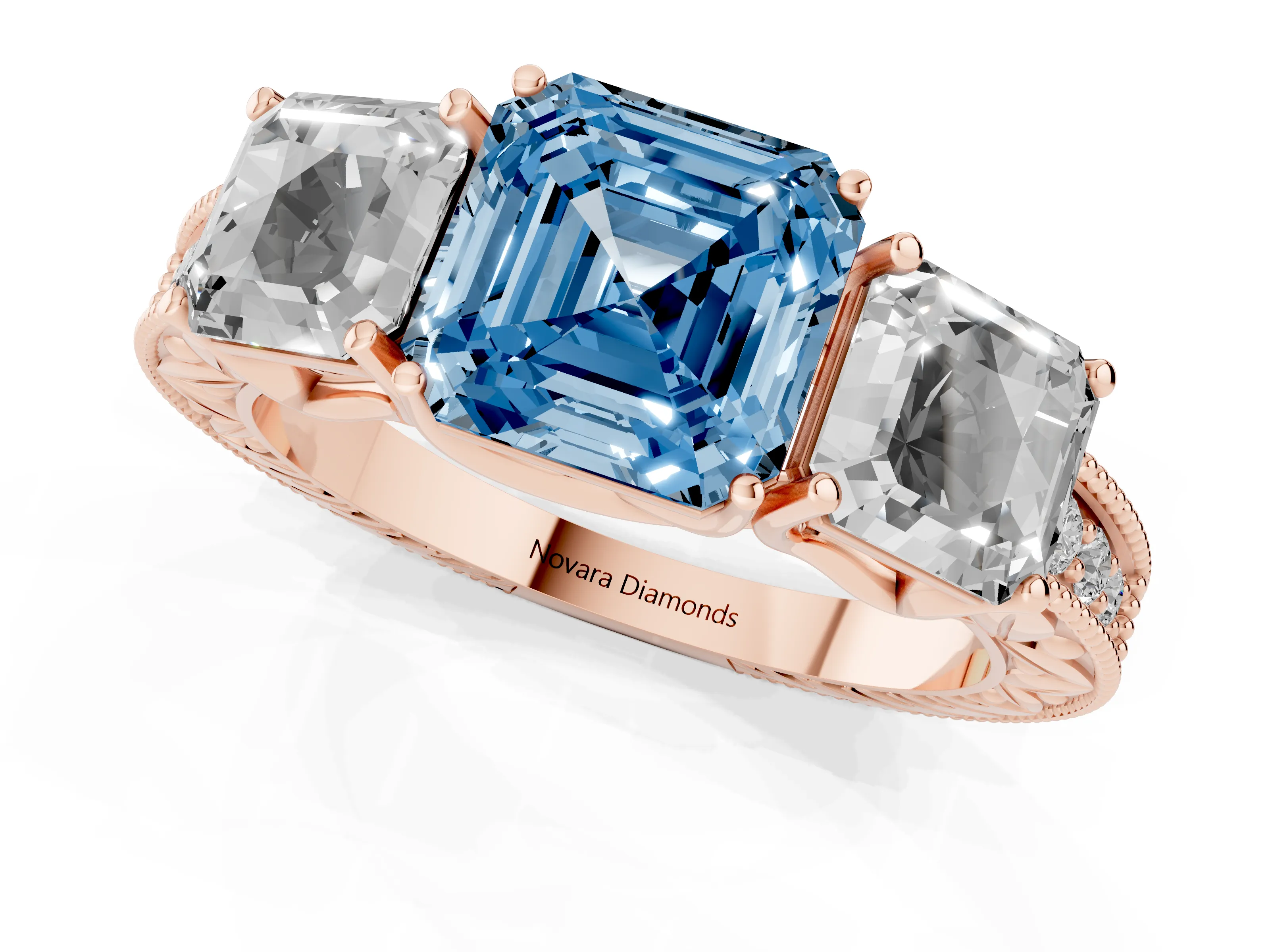 Fancy Blue Asscher Cut Diamond Three-Stone Engagement Ring Set in Rose gold with Milgrain Pavé Band