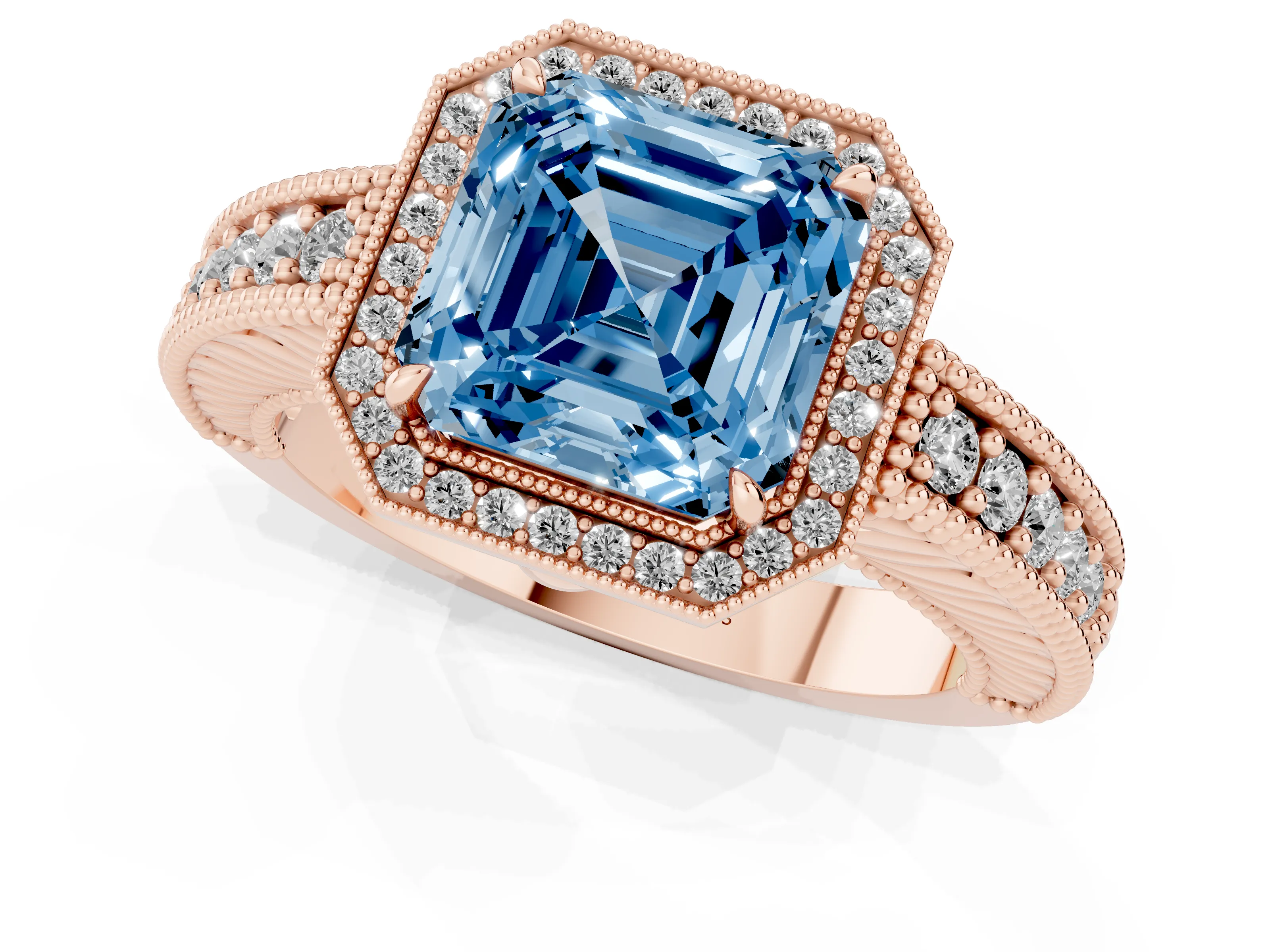 Fancy Blue Asscher Cut Diamond Halo Ring Set in Rose gold with Round Accent Halo, Pavé Band and Prong Setting