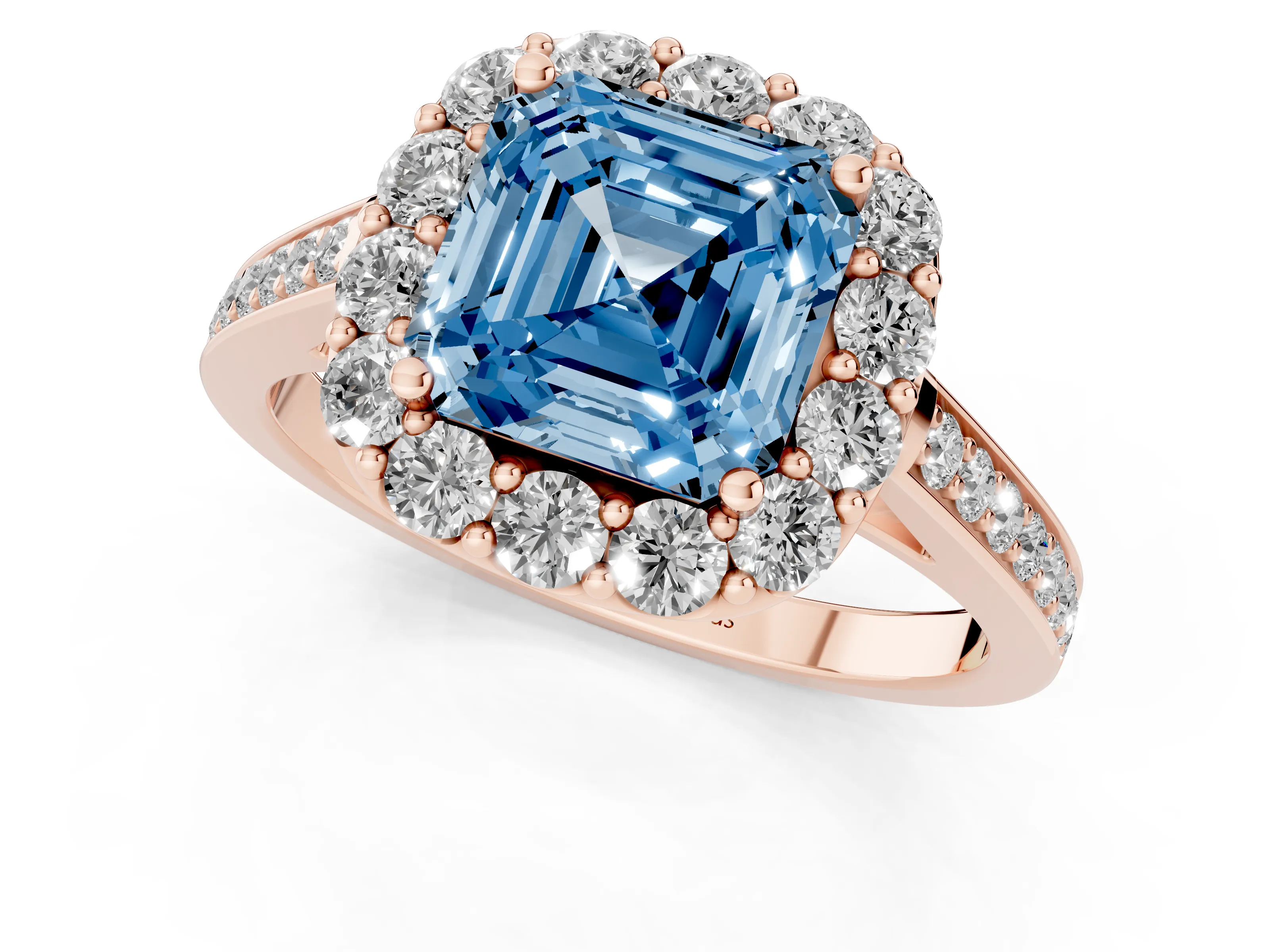 Fancy Blue Asscher Cut Diamond Floral Halo Ring Set in Rose gold with Pavé Band and Prong Setting