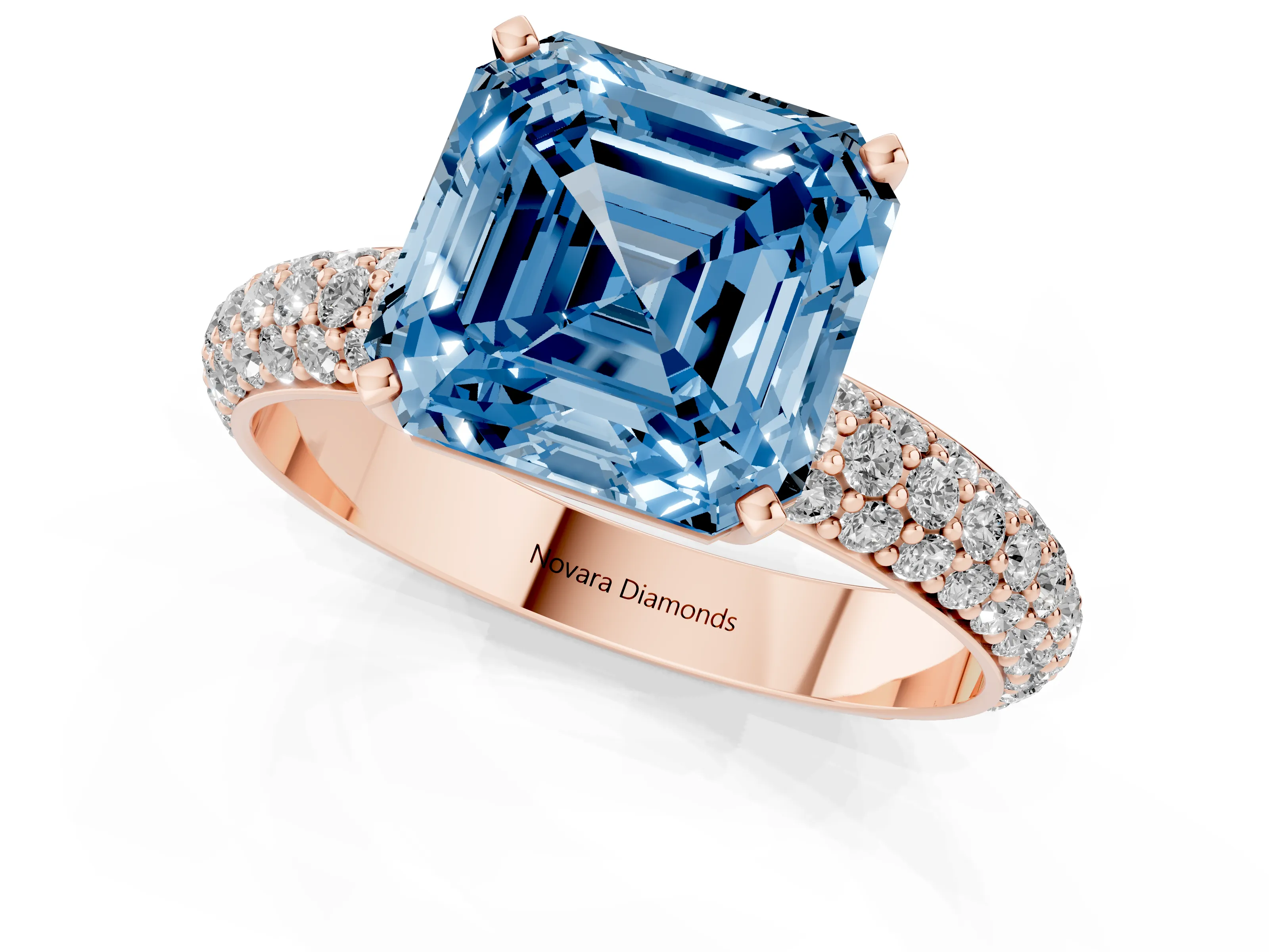 Fancy Blue Asscher Cut Diamond Solitaire Ring Set in Rose gold with Prong Setting and Pavé-Set Band