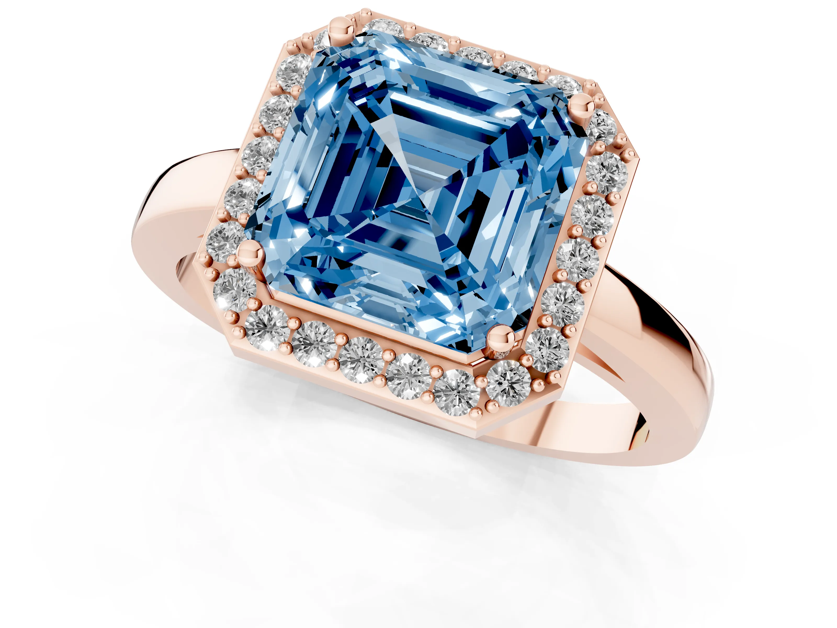 Fancy Blue Asscher Cut Diamond Halo Ring Set in Rose gold with Solitaire Band and Prong Setting