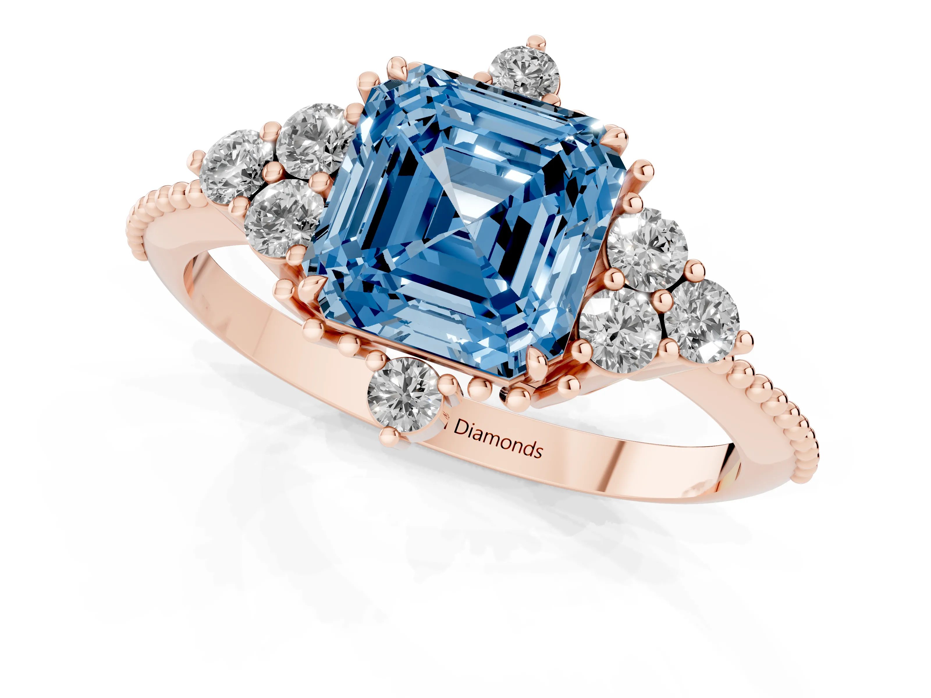 Fancy Blue Asscher Cut Diamond Cluster Ring Set in Rose gold with Beaded Band