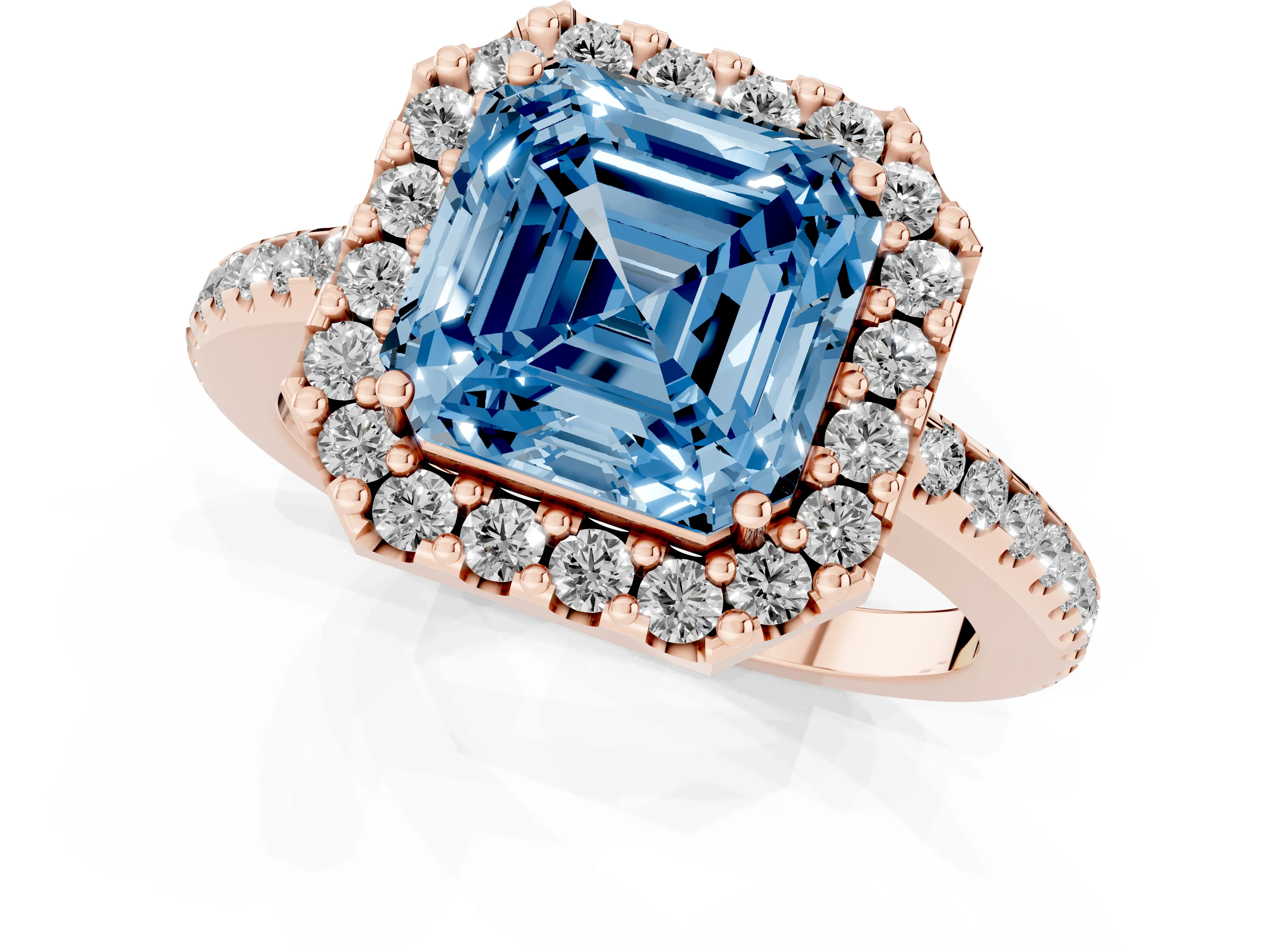Fancy Blue Asscher Cut Diamond Pavé Halo Ring Set in Rose gold with Prong Setting