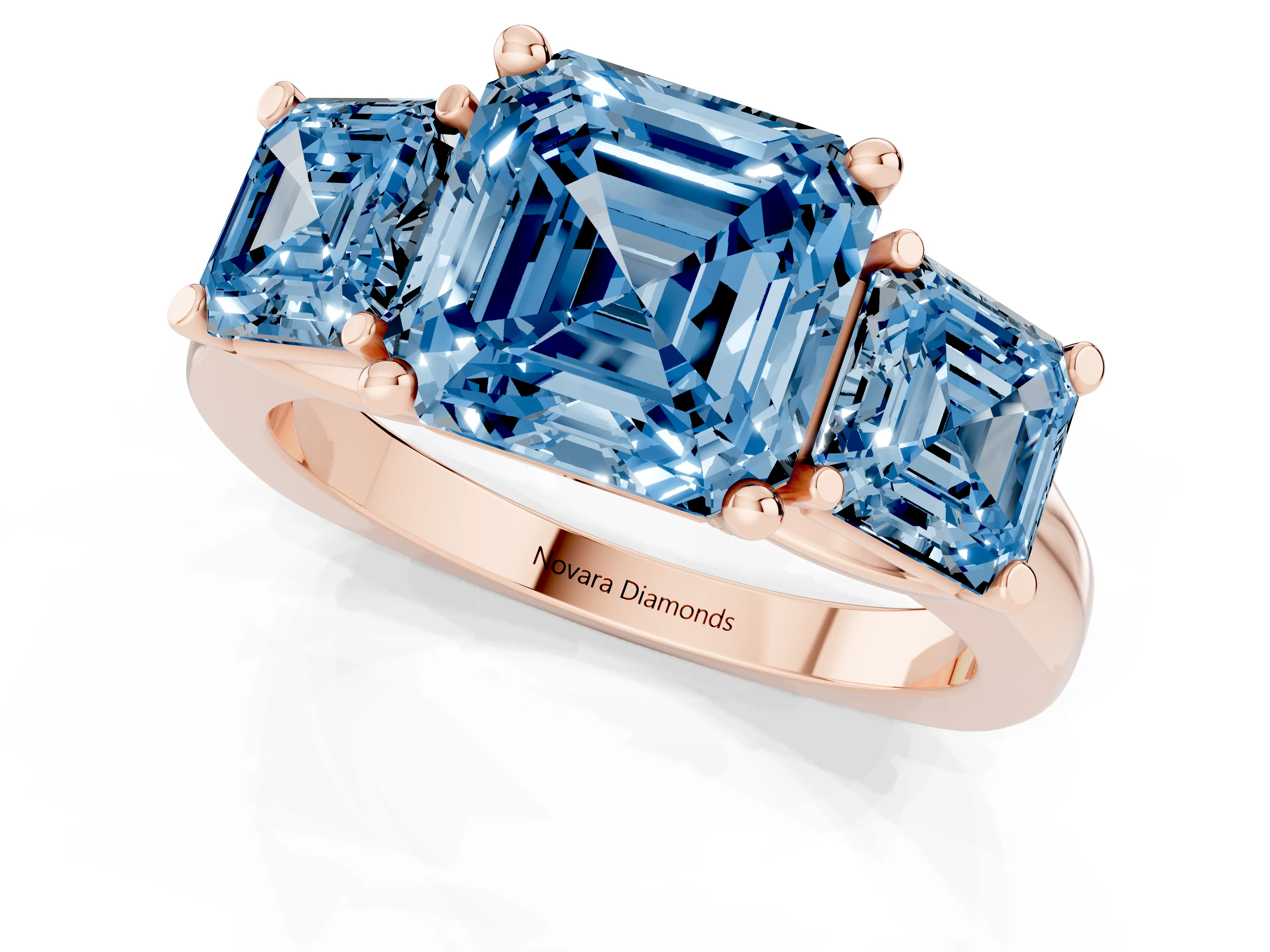 Fancy Blue Asscher Cut Diamond Three-Stone Trellis Ring Set in Rose gold with Comfort Fit Band