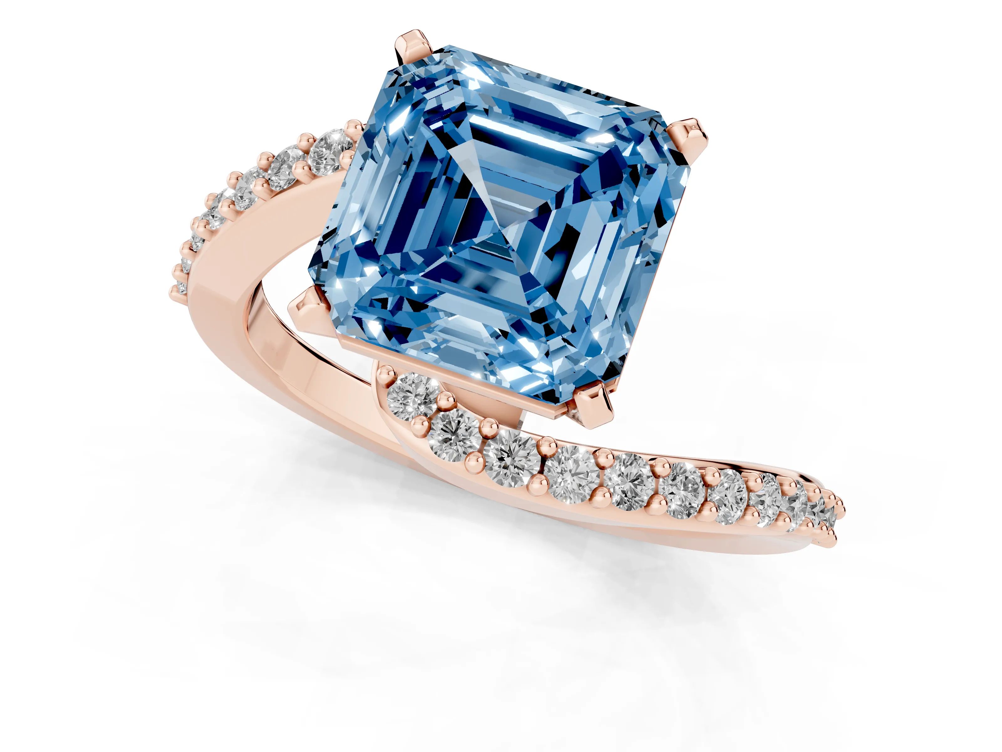 Fancy Blue Asscher Cut Diamond Solitaire Ring Set in Rose gold with Pavé Twist Band and Prong Setting
