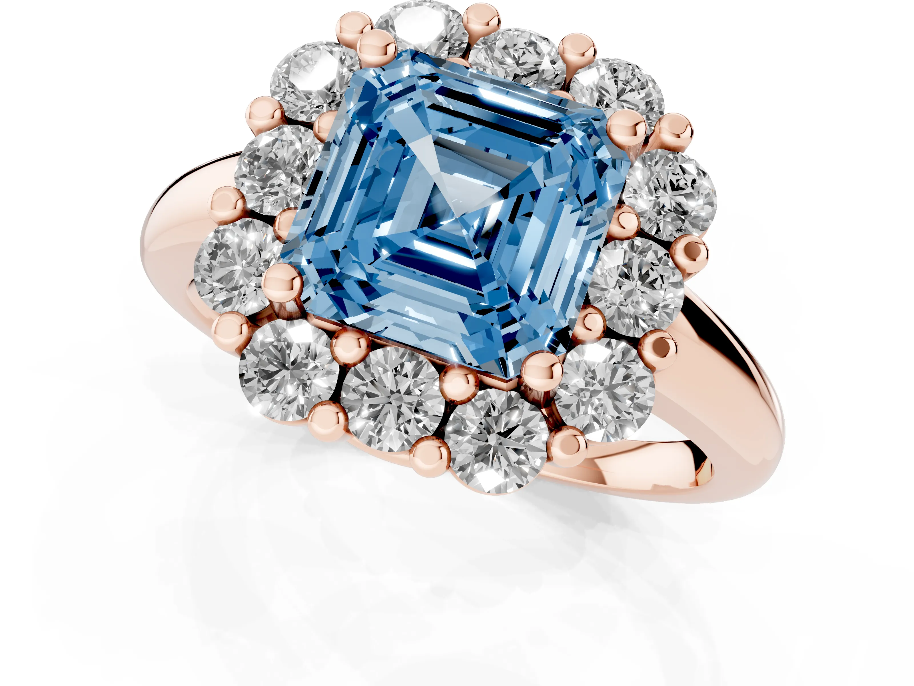 Fancy Blue Asscher Cut Diamond Halo Cluster Engagement Ring Set in Rose gold with Polished Band and Prong Setting