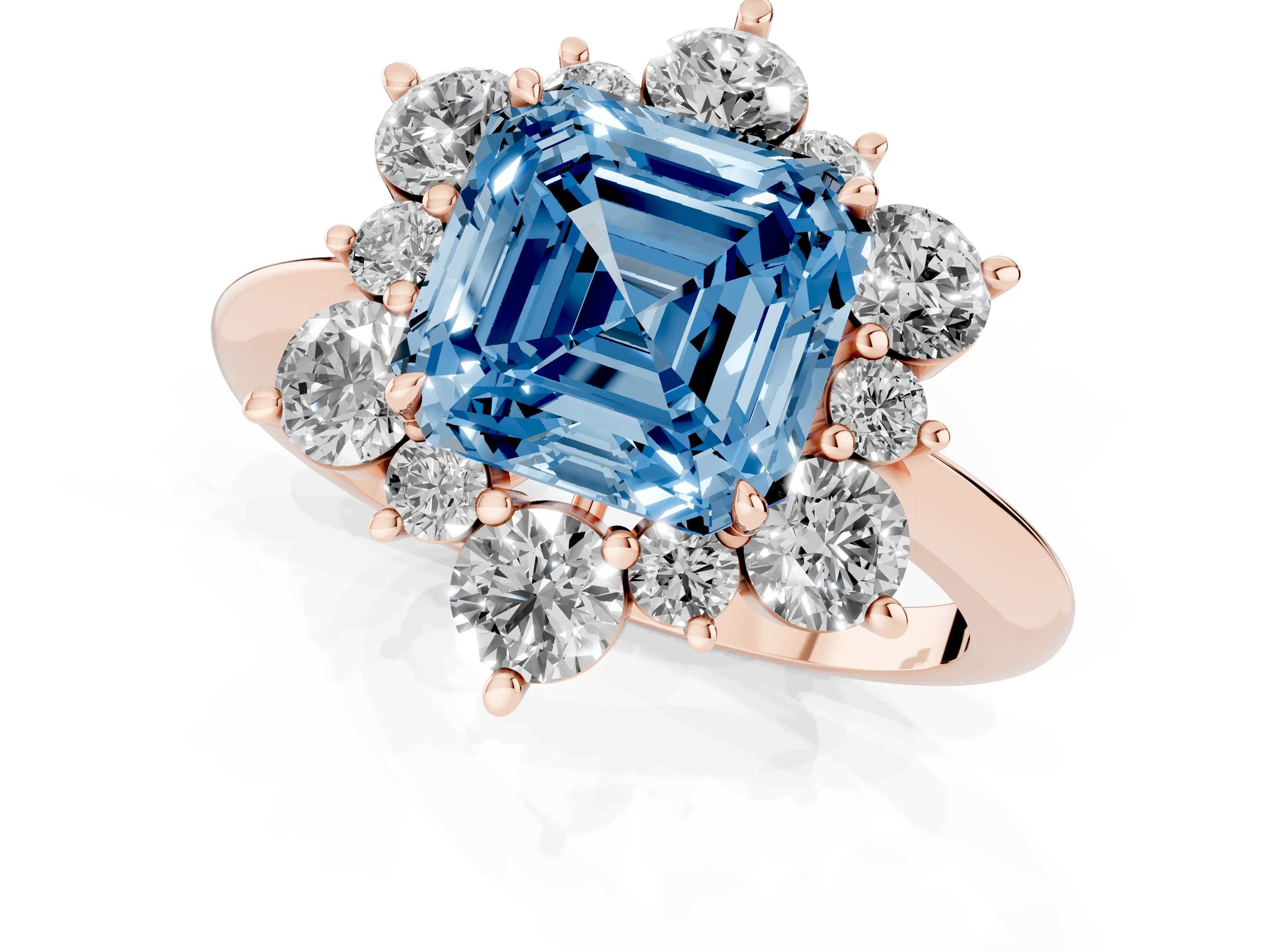 Fancy Blue Asscher Cut Diamond Cluster Halo Ring Set in Rose gold with Solitaire Band and Prong Setting