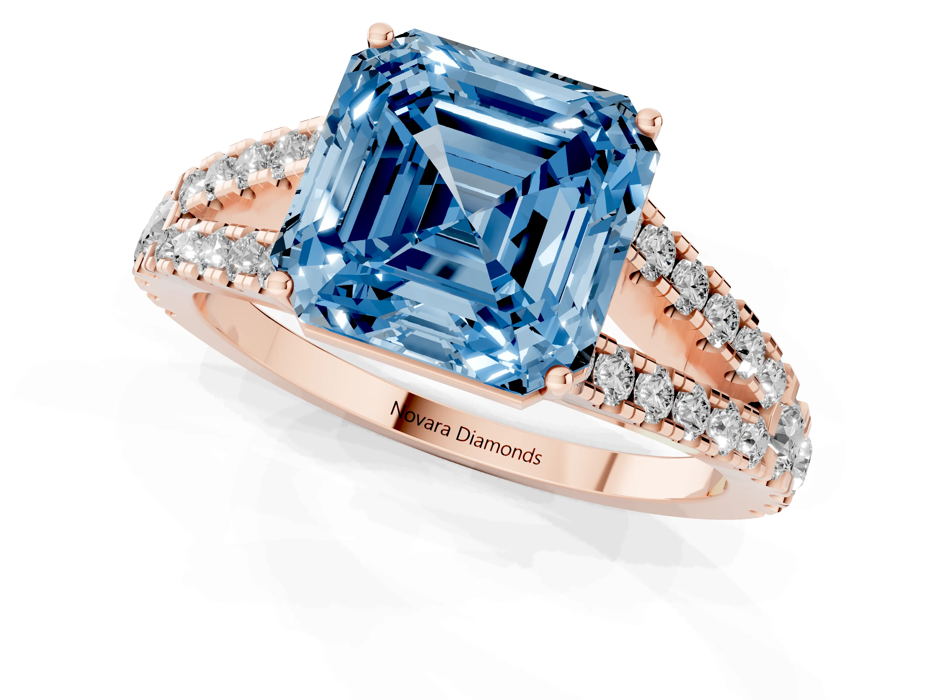 Fancy Blue Asscher Cut Diamond Split Shank Pavé Engagement Ring Set in Rose gold with Prong-Held Center Stone