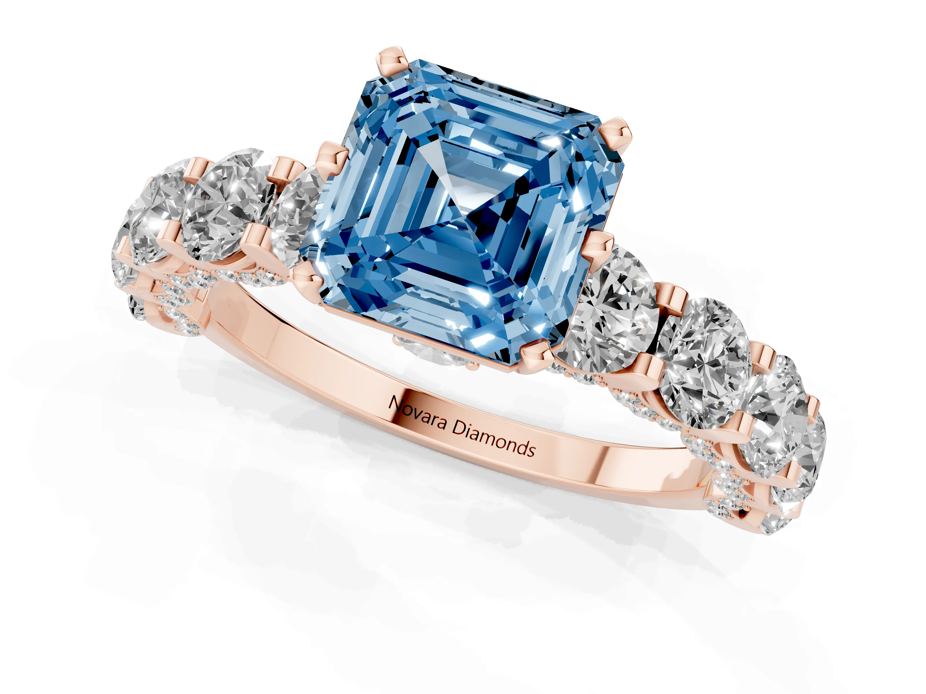 Fancy Blue Asscher Cut Diamond Side Stone Ring Set in Rose gold with Alternating Round and Oval Side Stones – second view