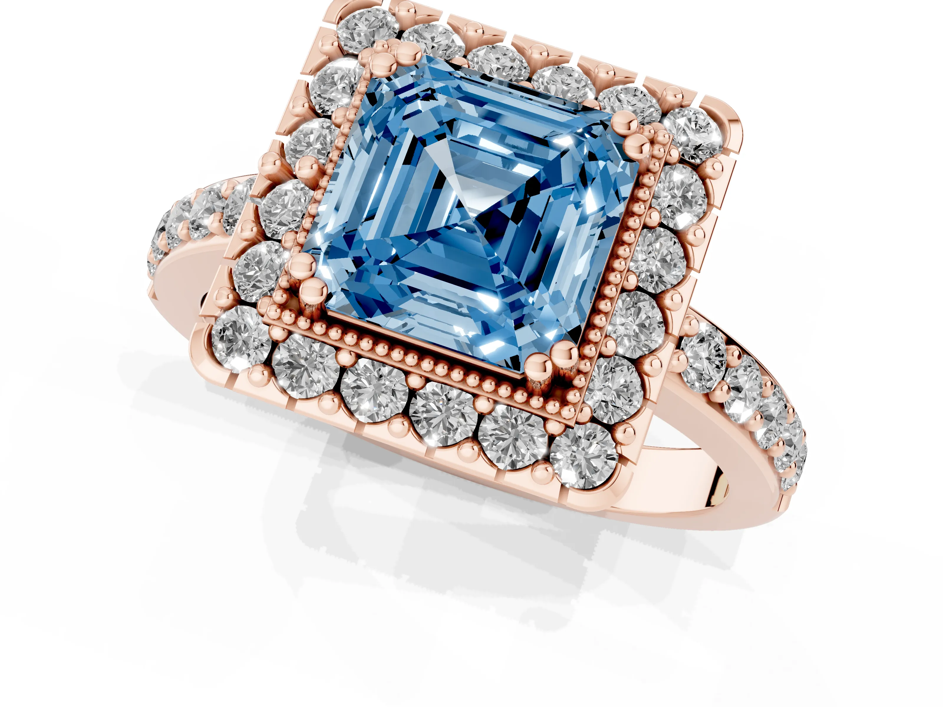 Fancy Blue Asscher Cut Diamond Halo Ring Set in Rose gold with Pavé Shank and Prong Setting