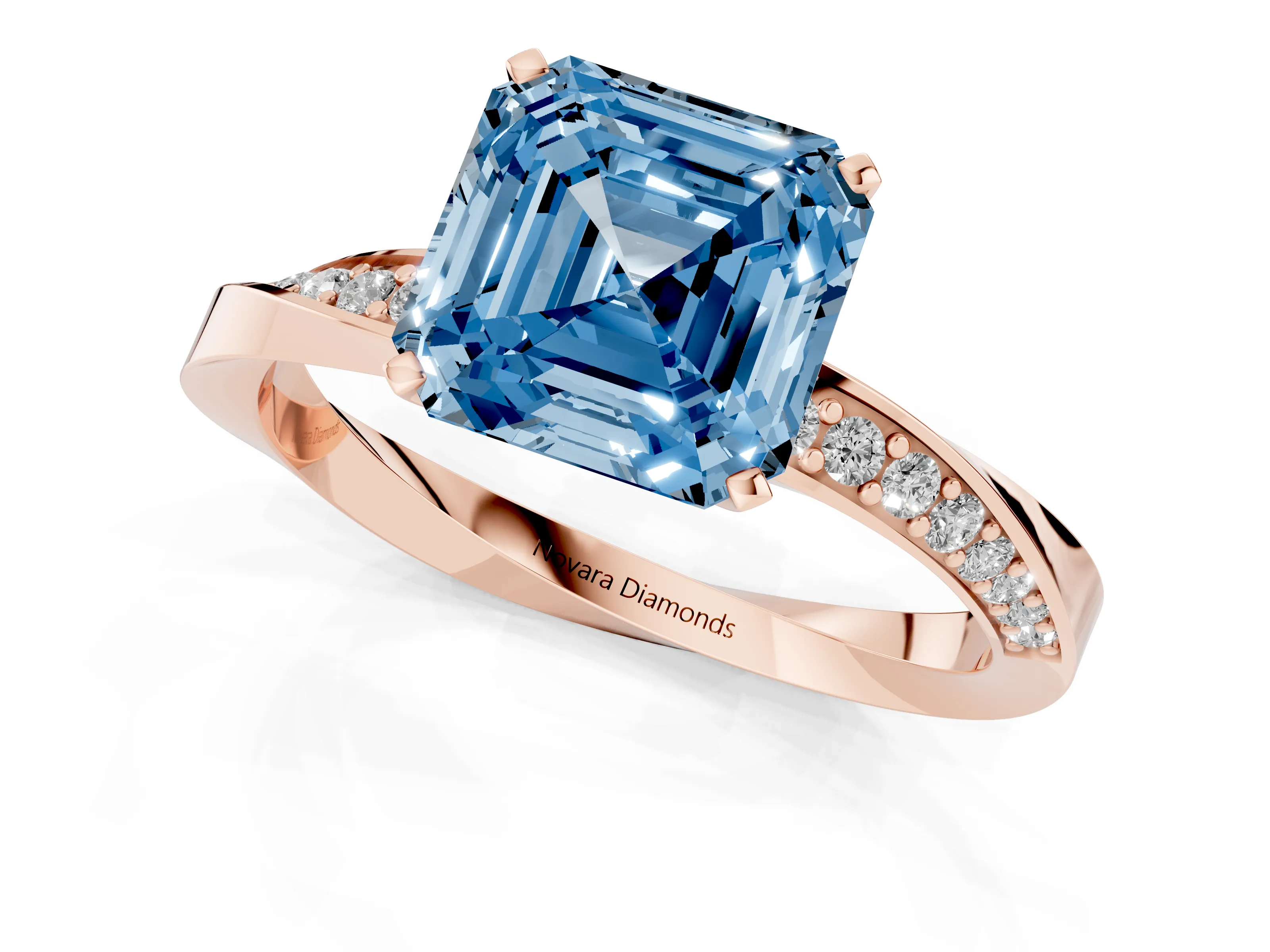 Fancy Blue Asscher Cut Diamond Engagement Ring Set in Rose gold with Side Stone Accents and Prong Setting